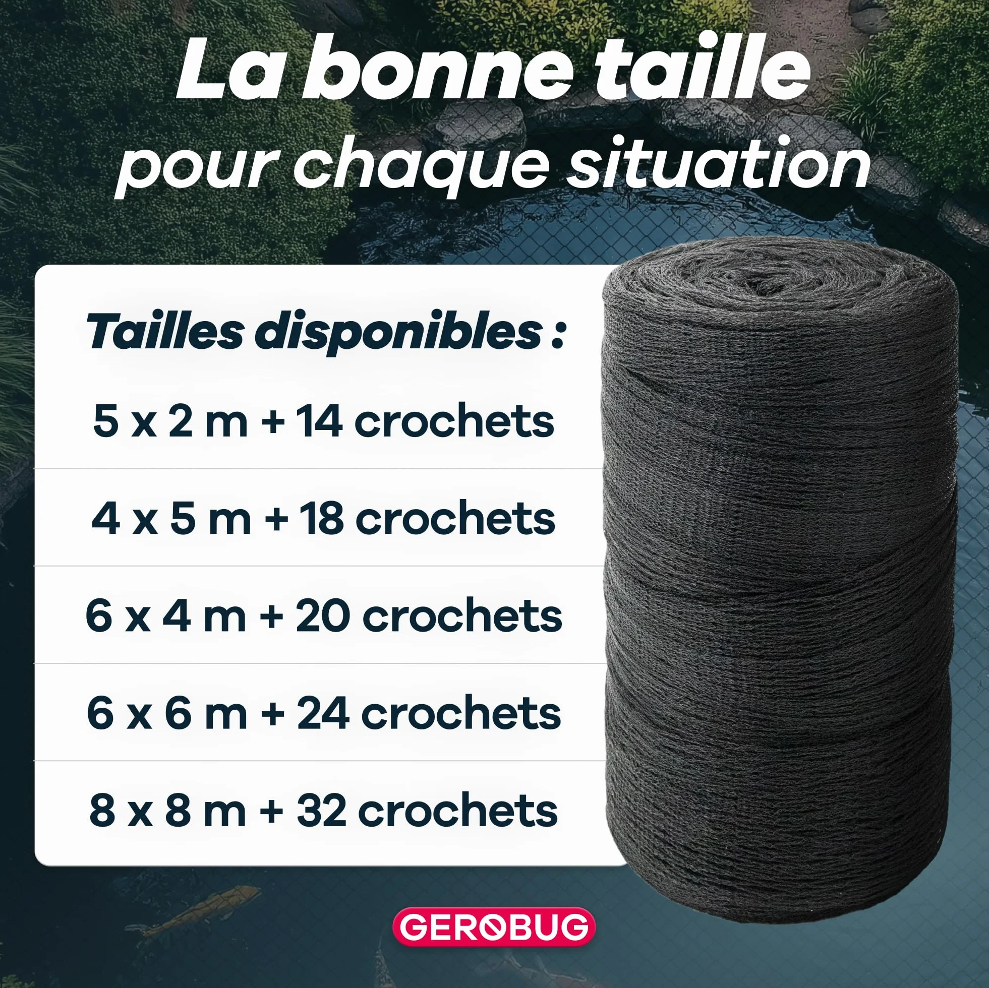 GEROBUG Filet de bassin mailles fines 5 x 2 m résistant aux intempéries UV protection hérons oiseaux filet