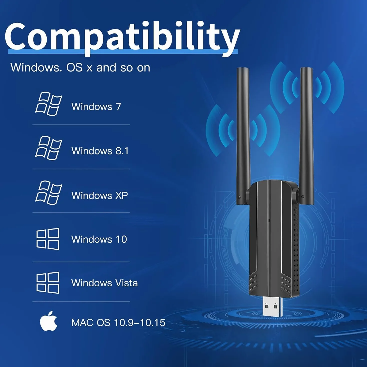 Clé WiFi AC1300 Mbps USB 3.0 Double Bande 2.4G/5.8GHz Adaptateur WiFi pour PC Windows Mac OS