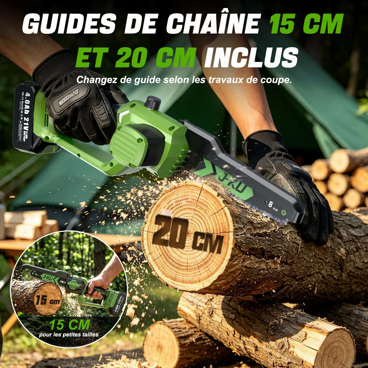 J-KU Élagueuse sur Perche 4 en 1 sans Fil avec Batterie, Mini Tronçonneuse 20 cm (8 Pouces) & Sécateur Électrique 35 mm, Perche Télescopique 2,6 m, 2×4000 mAh, Outils de Jardin