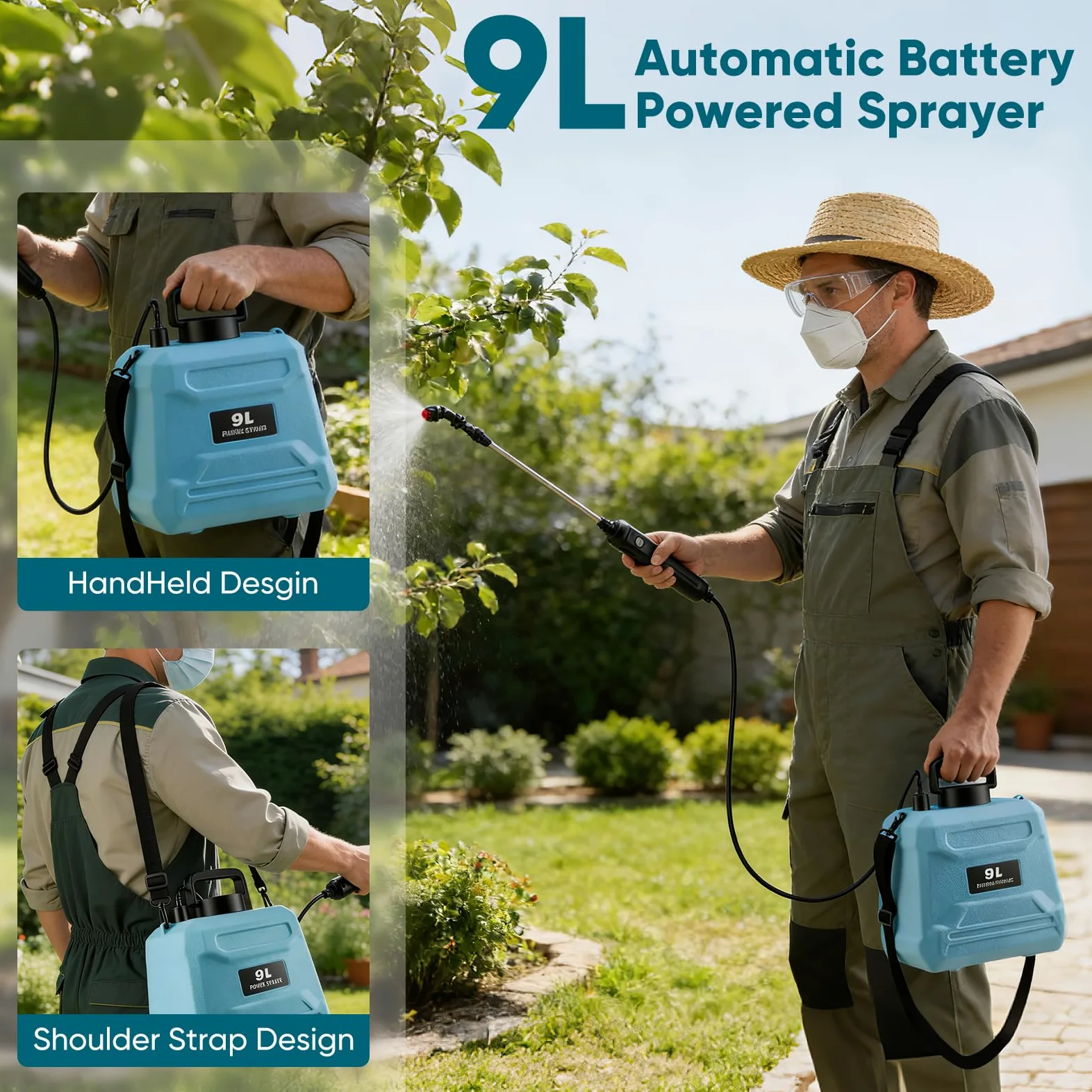 Pulvérisateur électrique à batterie 9 l, moteur en cuivre 3,7 V avec batterie 1500 mAh, autonomie de 200 min, 3 buses + lance télescopique jusqu'à 80 cm, charge USB-C, pulvérisateur de jardin pour