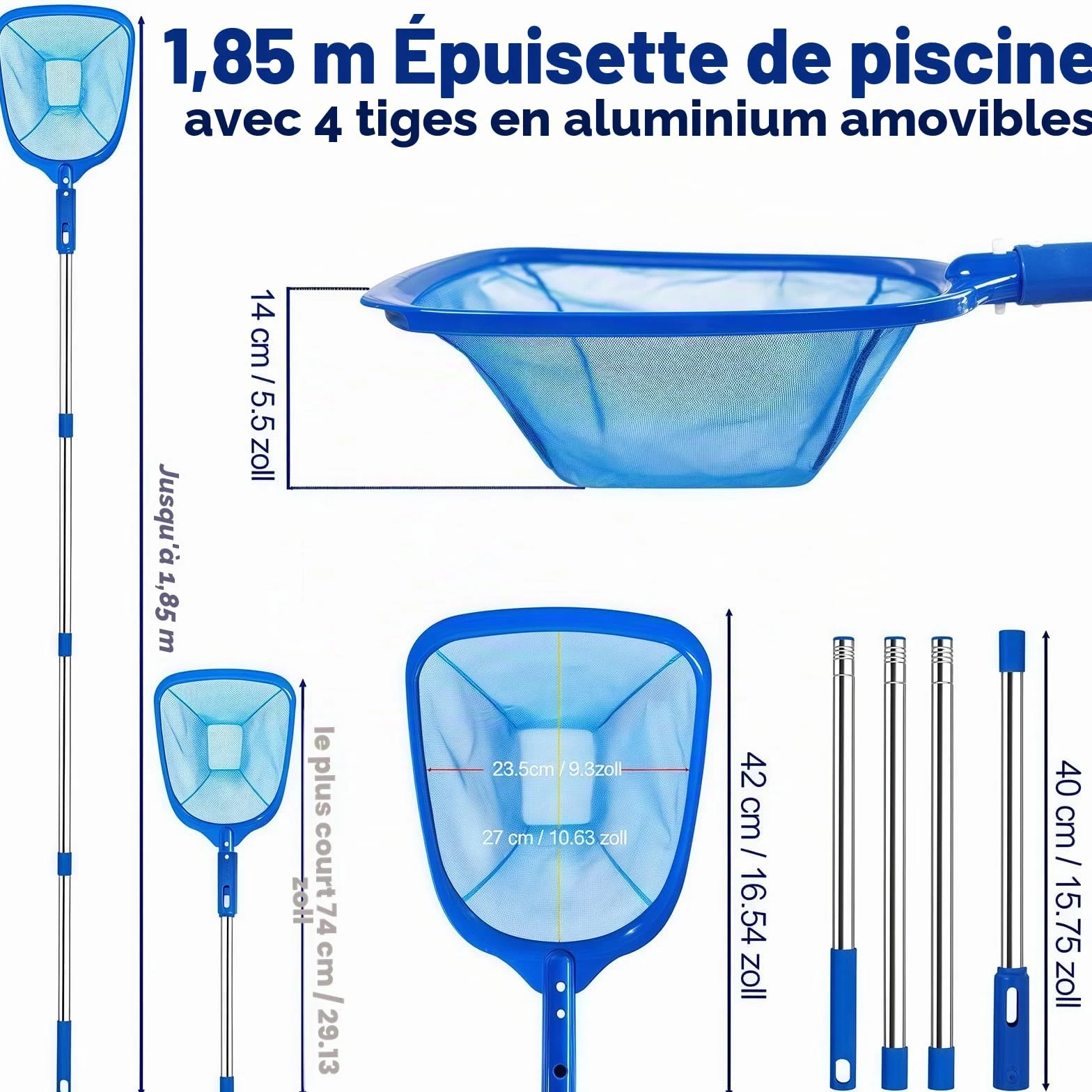 Épuisette Piscine 185 cm avec Manche Télescopique, Kit Nettoyage Piscine Maille Réglable