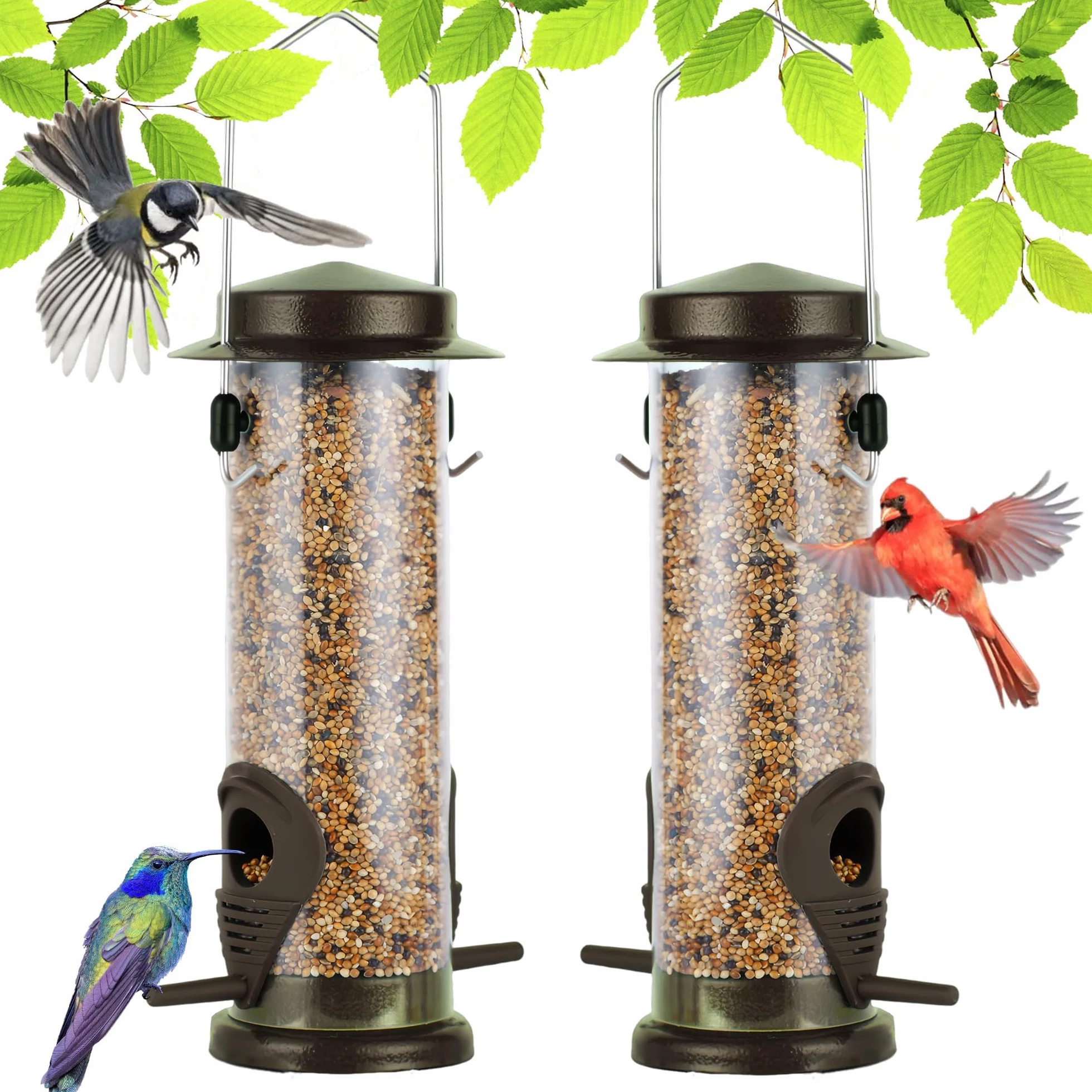 Lot de 2 mangeoires à oiseaux suspendre métal jardin - 2 ports - Résistantes intempéries - Café