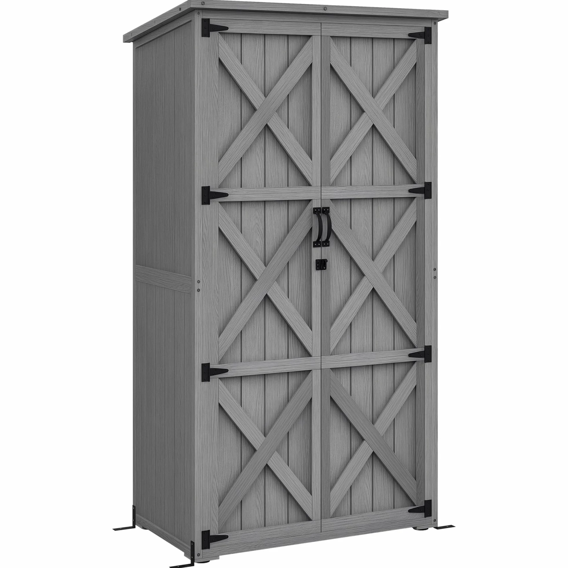 Outsunny Armoire de Jardin 90x54,5x161/168,5 cm Gris Bois Massif Toit incliné bitumé 2 étagères