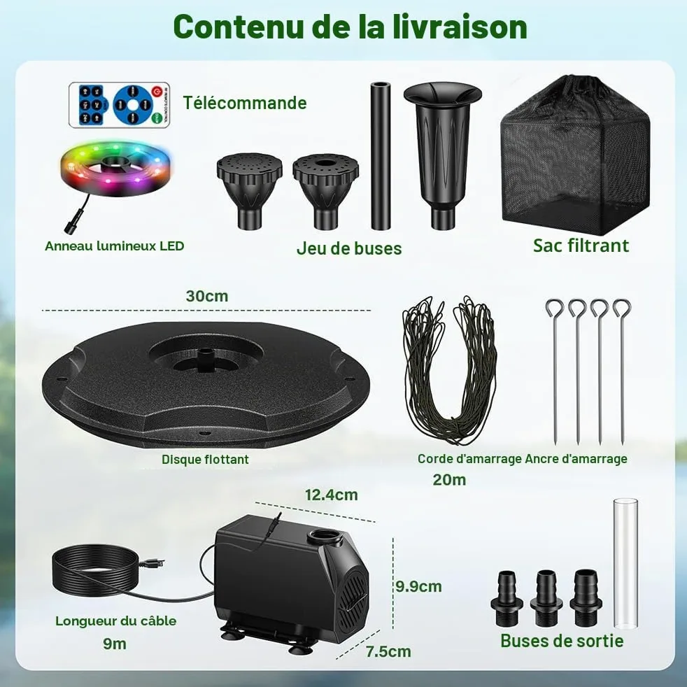Biling Fontaine flottante avec éclairage LED pour grand bassin de jardin, fontaine de bassin avec pompe de 2500 l/h, câble de 9 m avec prise européenne, jeu d'eau avec 3 modes de fontaine (résistant