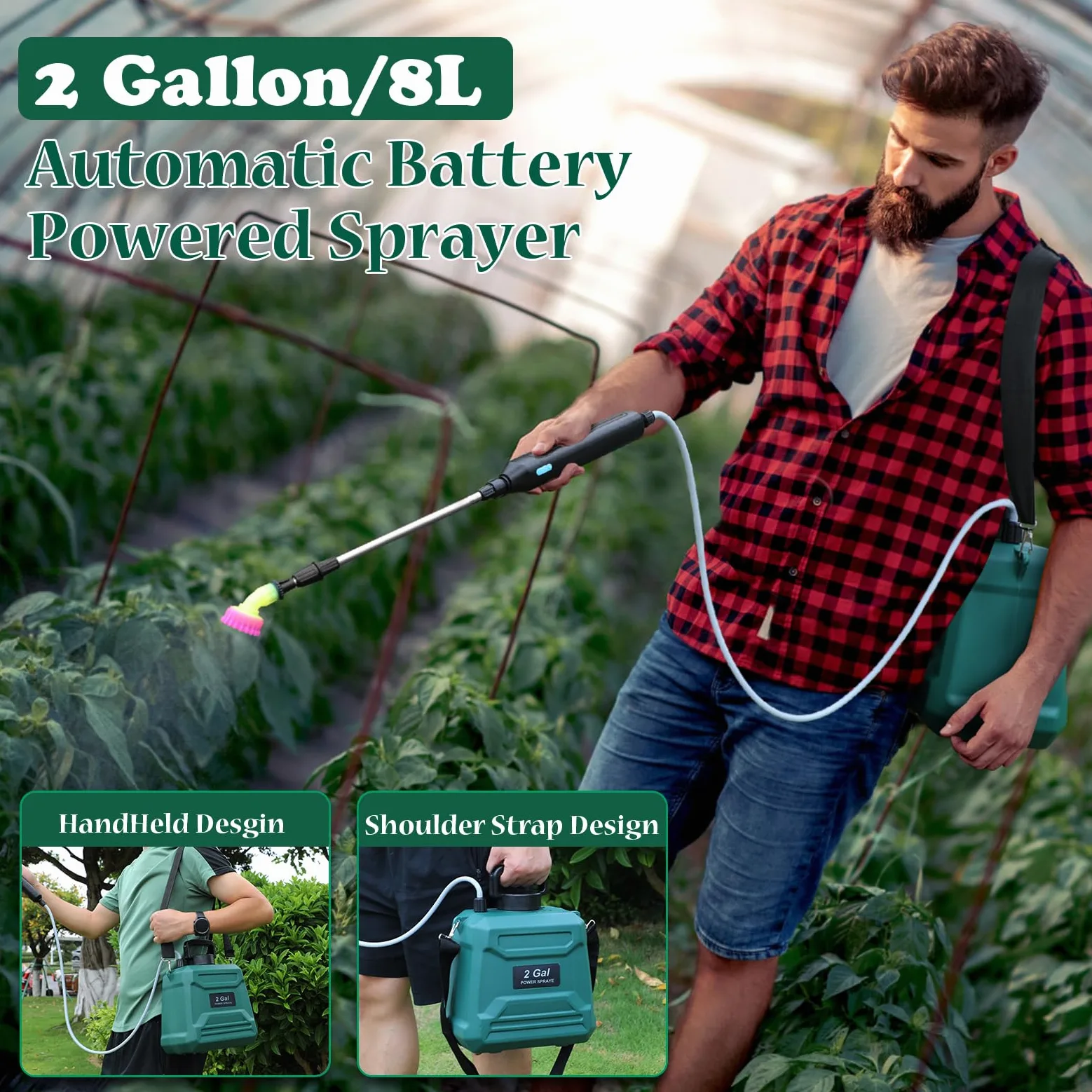 Pulvérisateur électrique 8L de Jardin, avec 3 Buses à Brume | Batterie 2000 mAh Rechargeable par USB, Lance Télescopique et Sangle Réglable,pour Toiture, Pelouse, Cour et Jardin