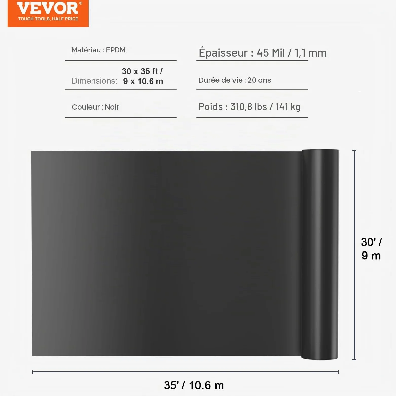 VEVOR Bâche Bassin 9x10,6 m Revêtement pour Étang Épaisseur 1,5 mm Pliable EPDM sous-Couche Facile à Découper pour Étangs à Poissons, Carpes Koi, Jeux d'eau, Cascades, Fontaines, Jardins Aquatiques