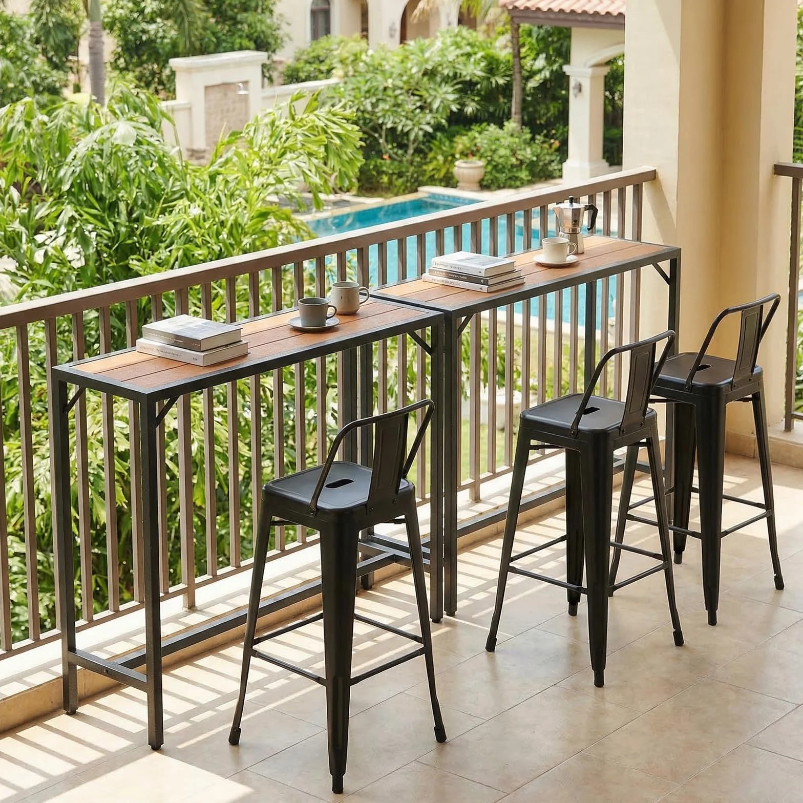 Table Haute de Jardin Clevich 120x38x98 cm Mange Debout Exterieur Plateau Étanche Pieds Réglables Hauteur Bois