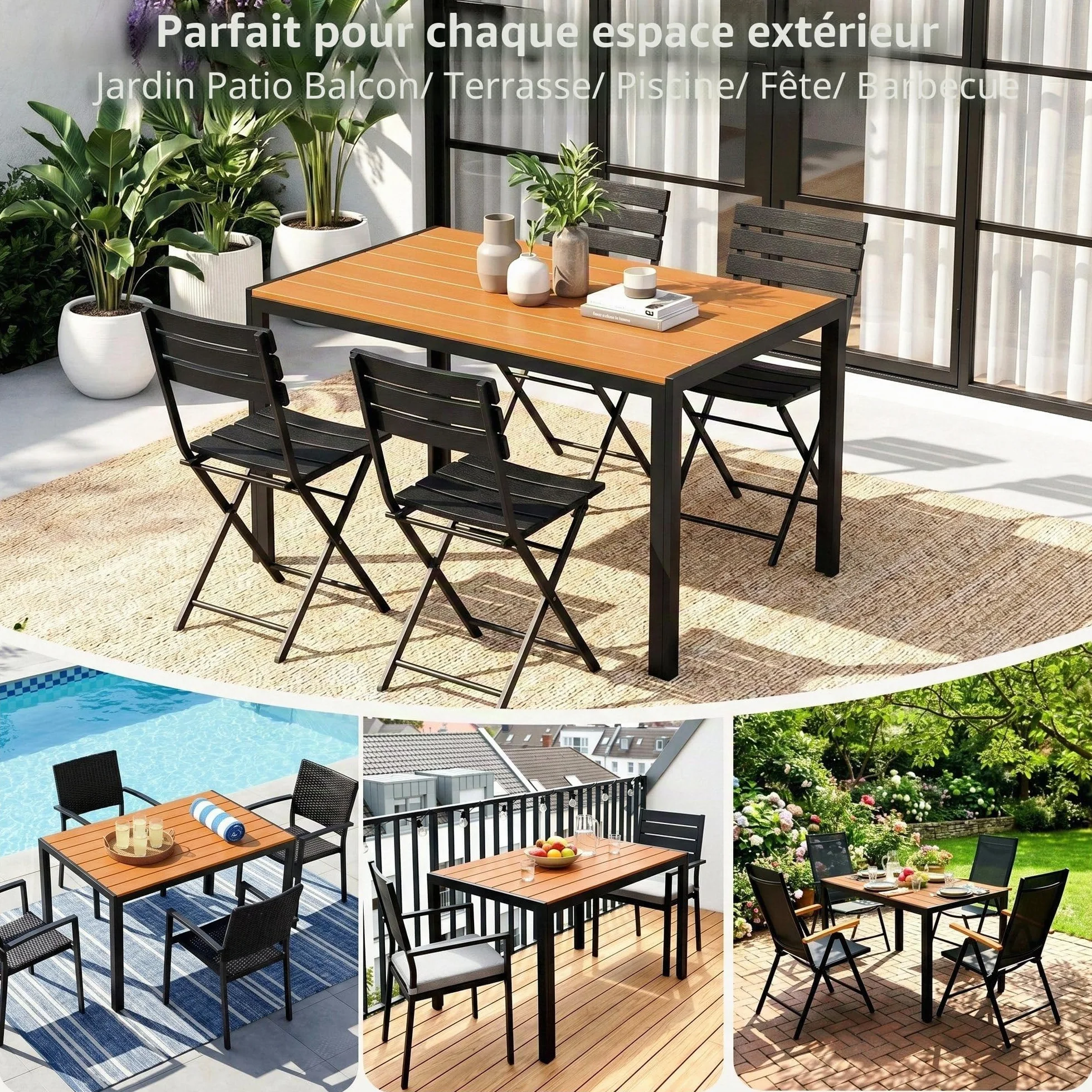 LIFERUN Table de Jardin 110x70 cm WPC pour 4-6 Personnes avec Cadre en Aluminium Brun Teck