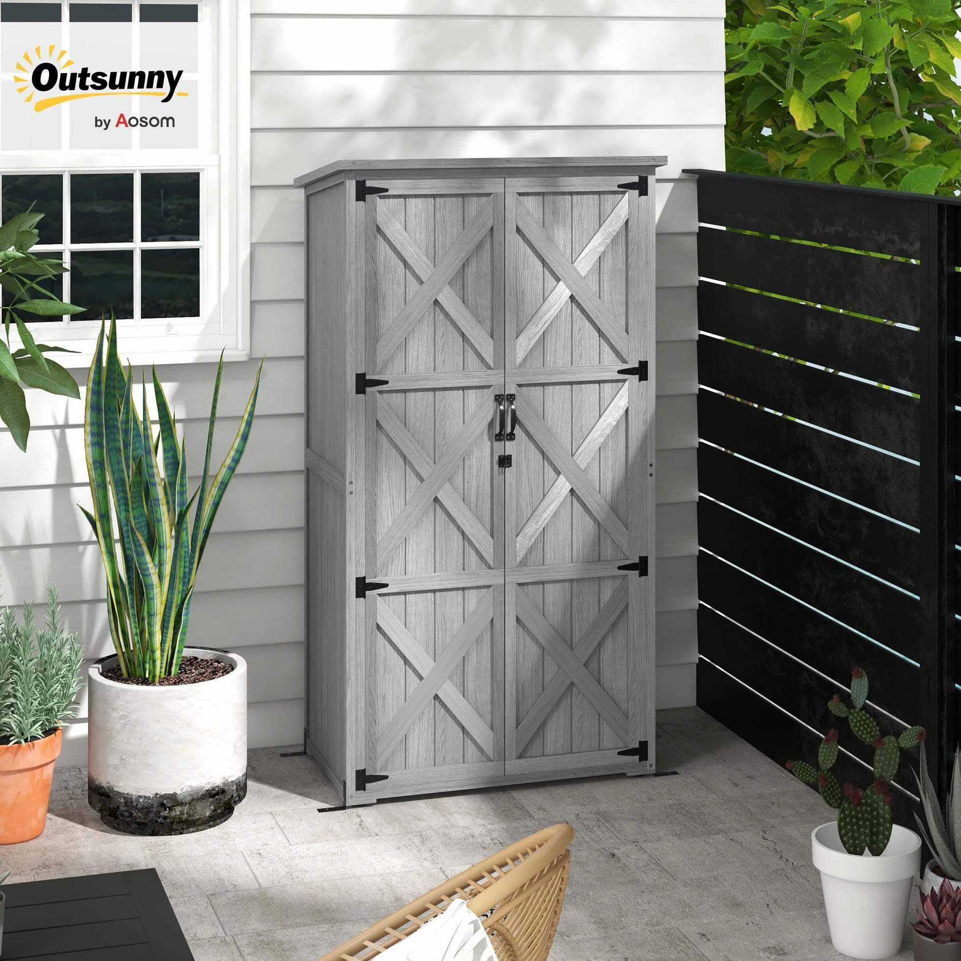 Outsunny Armoire de Jardin 90x54,5x161/168,5 cm Gris Bois Massif Toit incliné bitumé 2 étagères