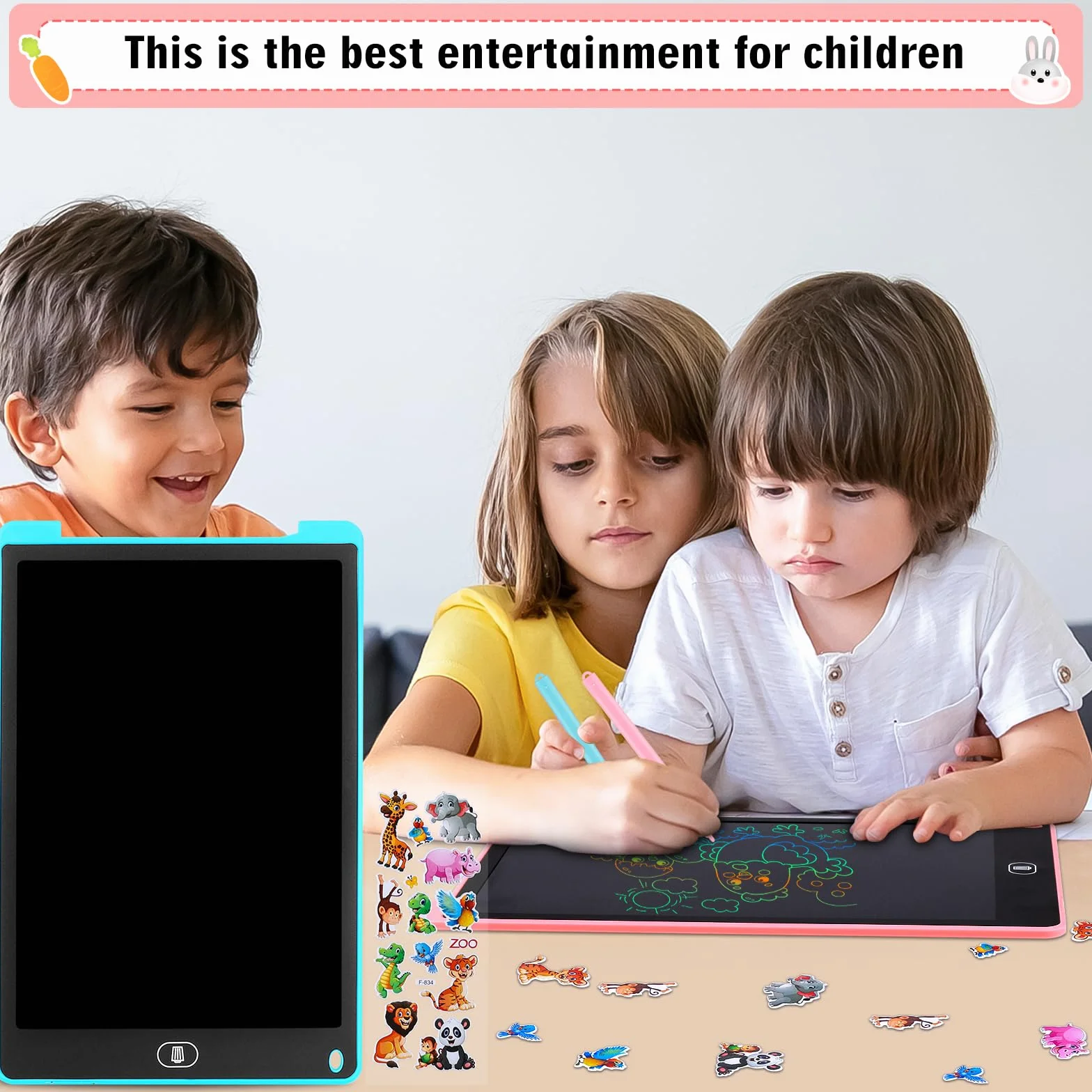 Tablette D'écriture LCD 12 Pouces 2 Pack, Tablette Dessin Écran Coloré, Bloc Effaçable avec Autocollants Animaux, Bleu + Rose