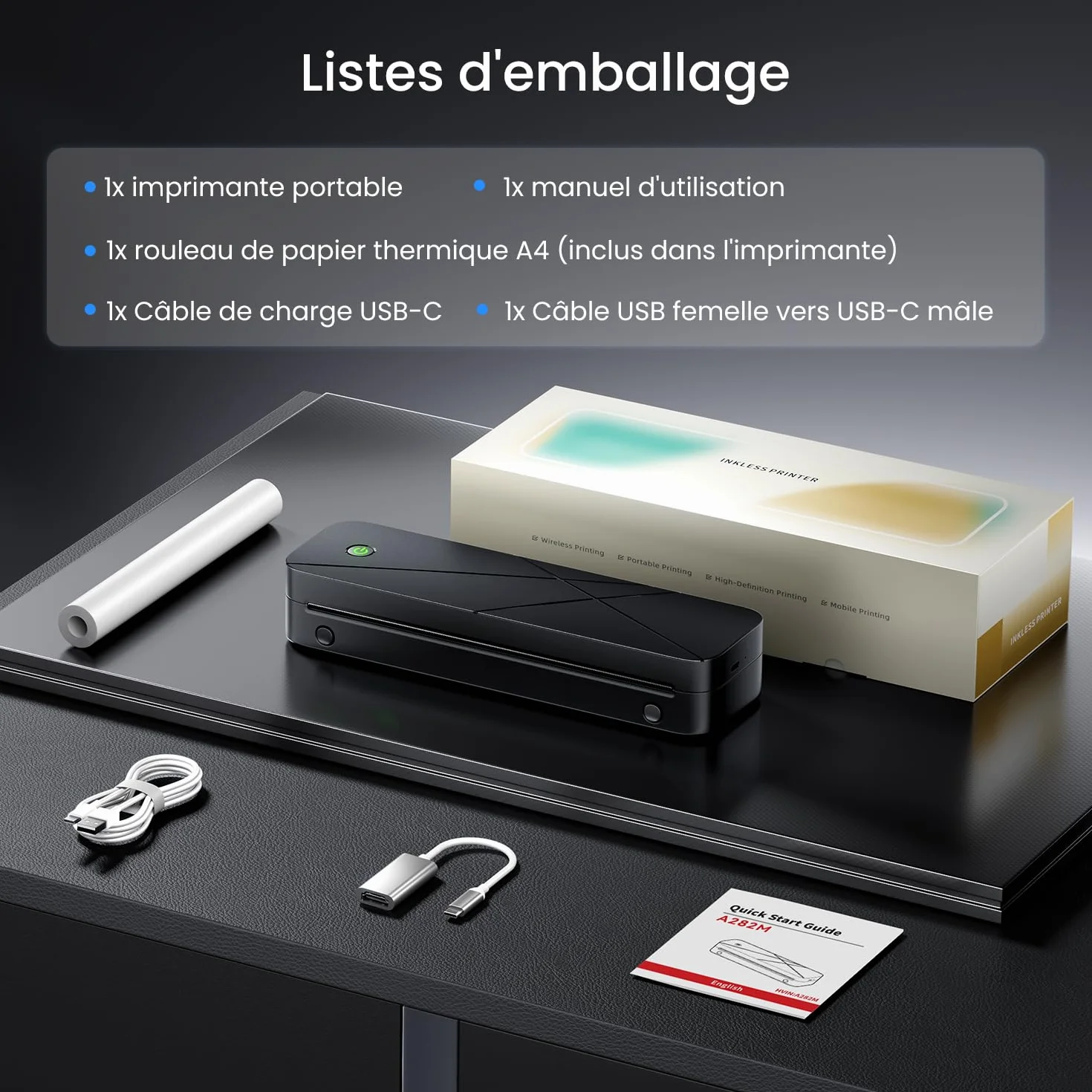 Imprimante Thermique Portable A4 Bluetooth 300 DPI Sans Encre 2600 mAh Compatible Papier A5/B5