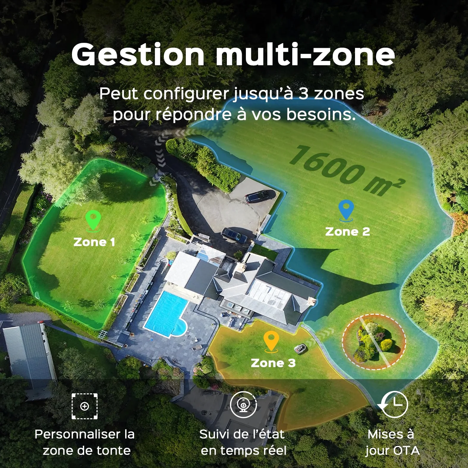 YARDCARE N1600PRO Robot Tondeuse sans câble périphérique, jusqu'à 1600 m², Navigation RTK et Vision IA, détection de Plus de 300 Obstacles, Tonte en U, APP Gestion Multi-Zones et Hauteur 20–60 mm