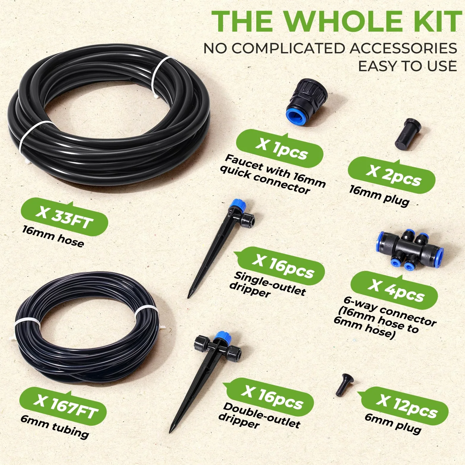 HIRALIY Système d'arrosage de jardin de 60 m, kits d'irrigation goutte à goutte pour plantes, nouveau connecteur rapide, tube de distribution vierge, équipement d'irrigation automatique pour terrasse
