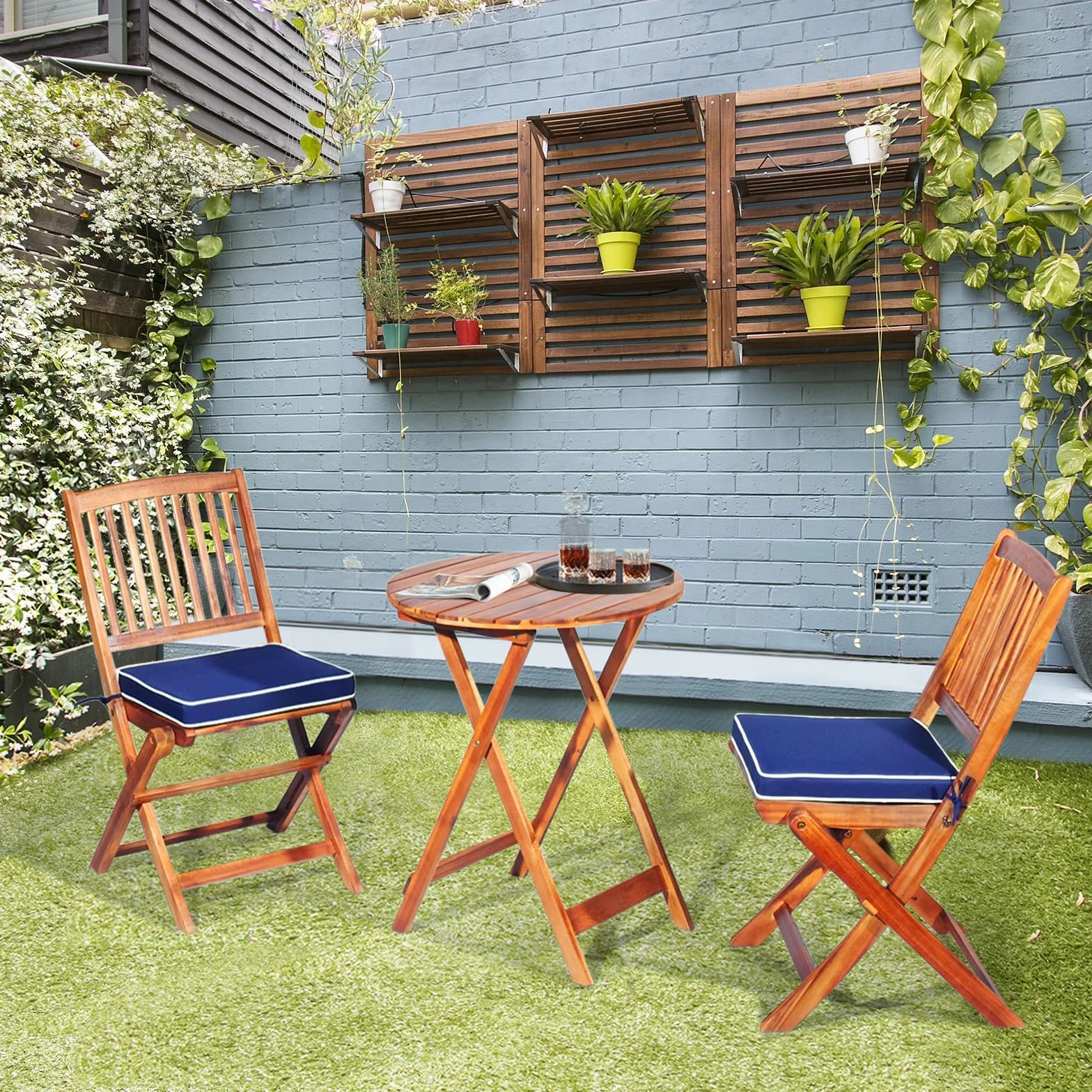 Salon de Jardin en Bois d'Acacia 2 Personnes, Ensemble de Meubles Pliables 3 Pièces (Coussins Bleu foncé)