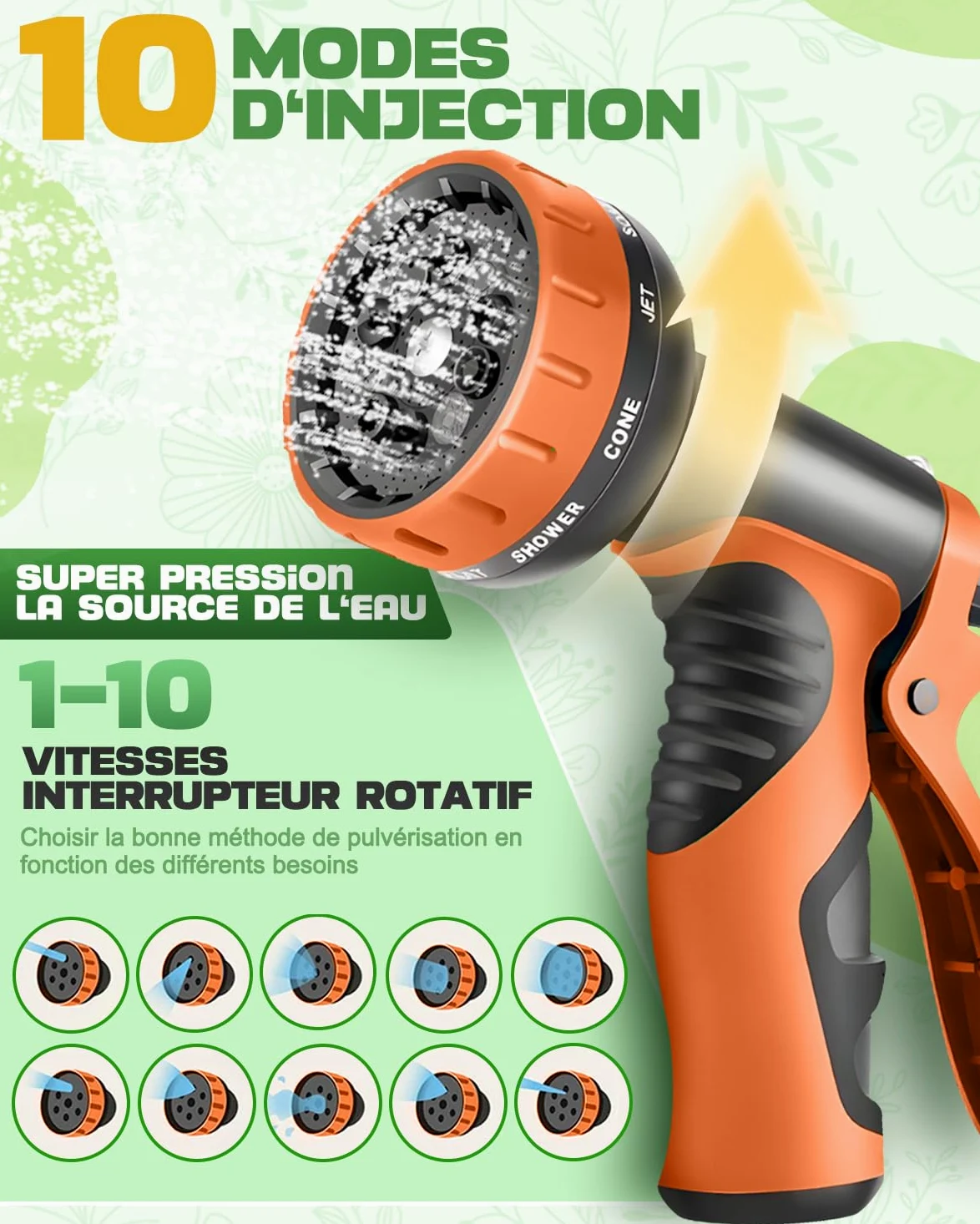 Tuyau Arrosage Extensible 150FT avec Pistolet 10 Fonctions, Raccords 1/2'' & 3/4'', Embout Plaqué Cuivre, Crochet et Sac, Tuyau d'Arrosage Anti-Fuite et Anti-Torsion pour Jardin, Orange