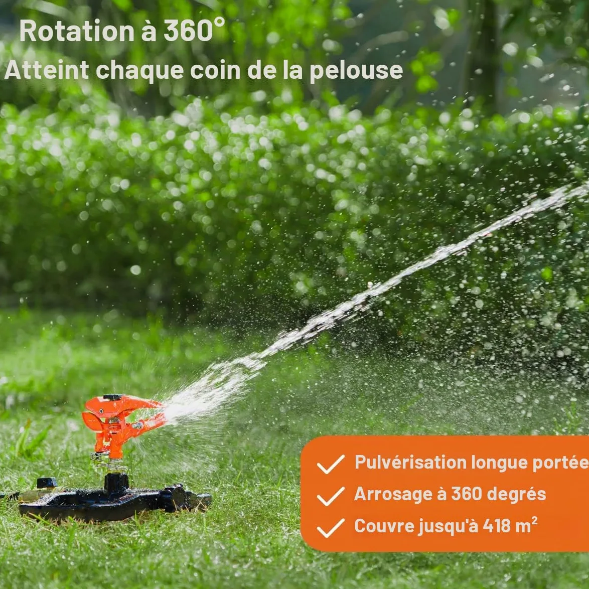 FANHAO Arroseur de Jardin à Impact pulsé Haute avec Base 100% métal, arroseurs de pelouse rotatifs à 360 degrés, pour l’arrosage Automatique du Jardin et de la pelouse. Couverture Jusqu’à 540 m²