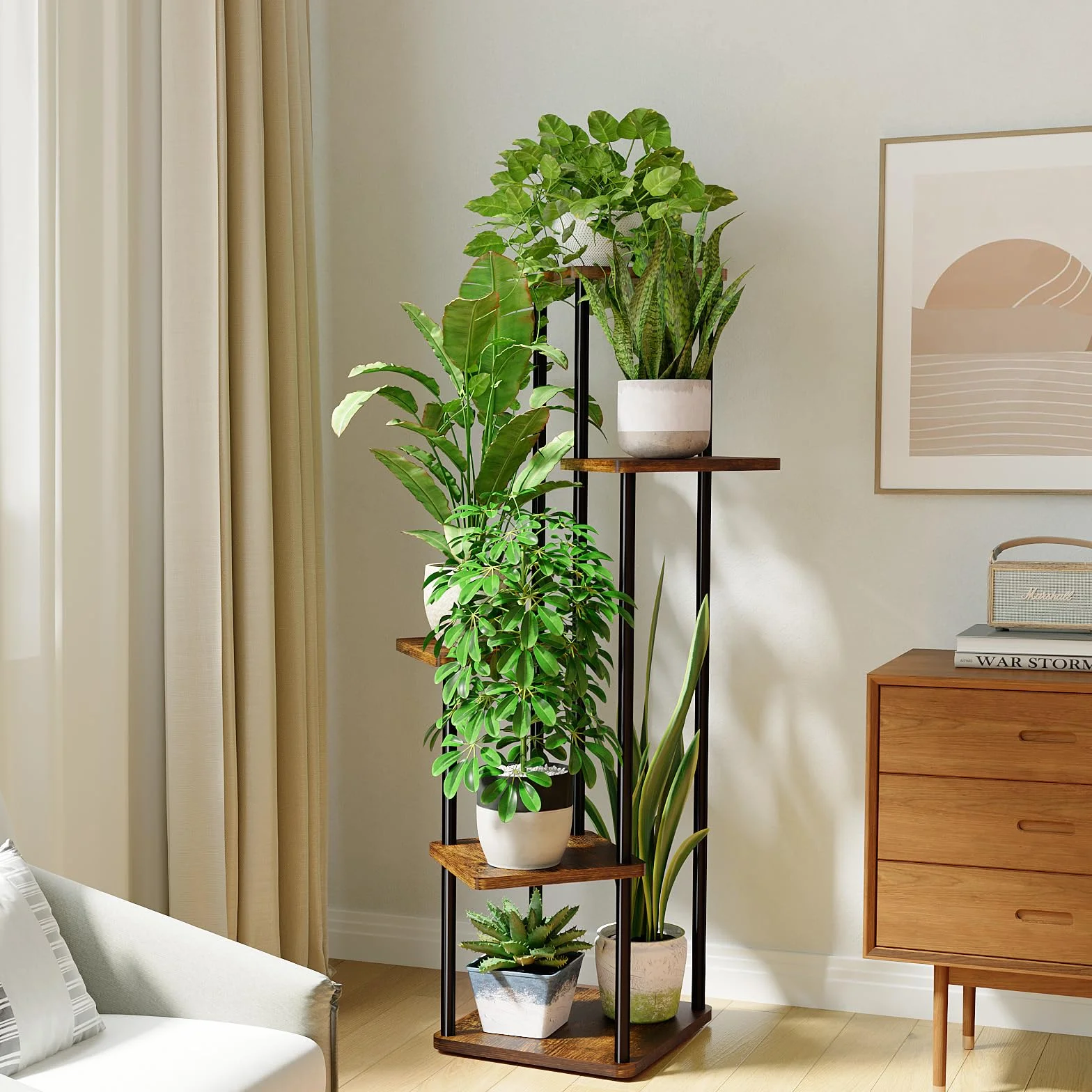 Bamworld Support Plantes Intérieur À 5 Niveaux, Étagère Plante En Métal Brun