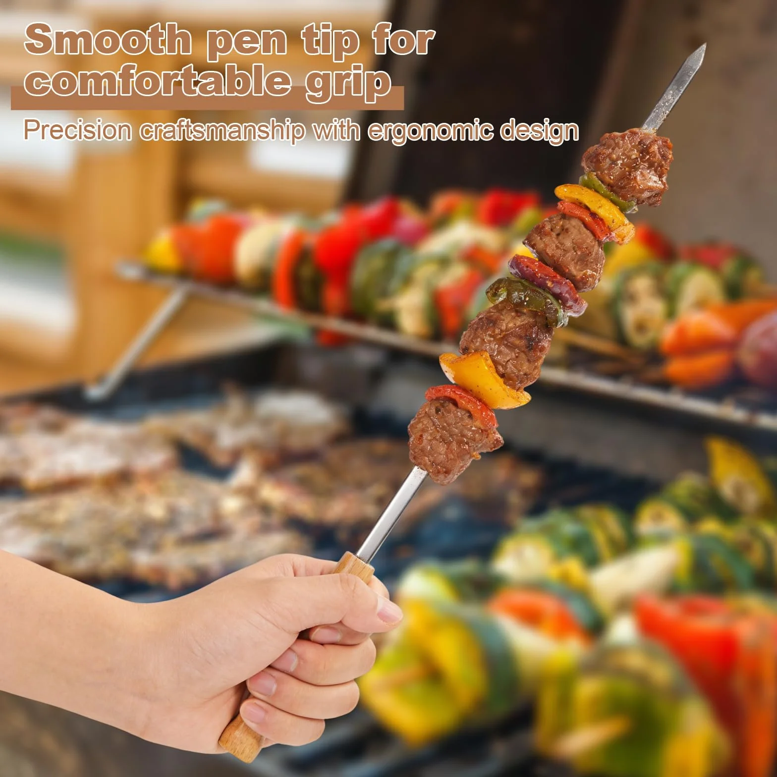 Brochettes barbecue acier inoxydable 410 44cm réutilisables manche chêne 8 pièces