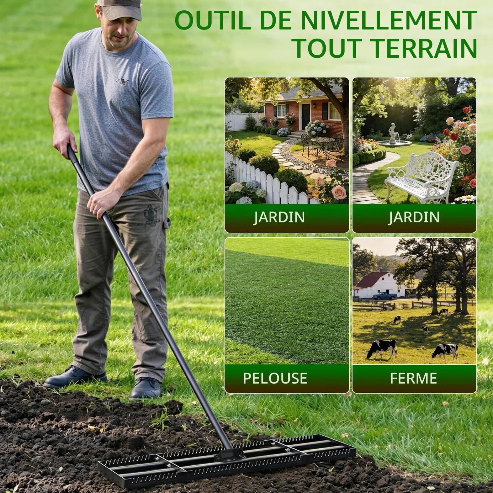 Housolution Râteau Niveleur de Pelouse 32"x10", Manche Réglable 72" | Avec Bord Dentelé & Plaque Lisse, Râteau Niveleur en Acier Inoxydable Résistant, pour Sol/Terre/Compost/Herbe Morte/Gravier