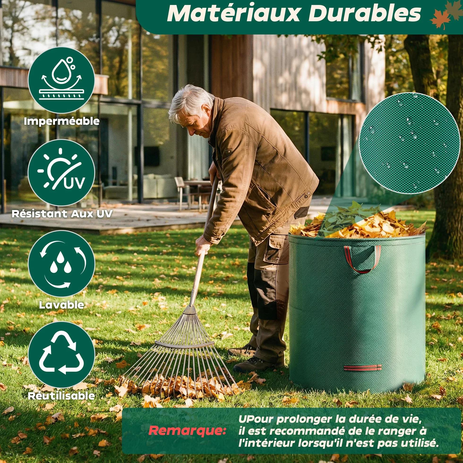 Sac Jardin 272 L Avec Couvercle Et Gants - 3 Sacs Déchets Verts