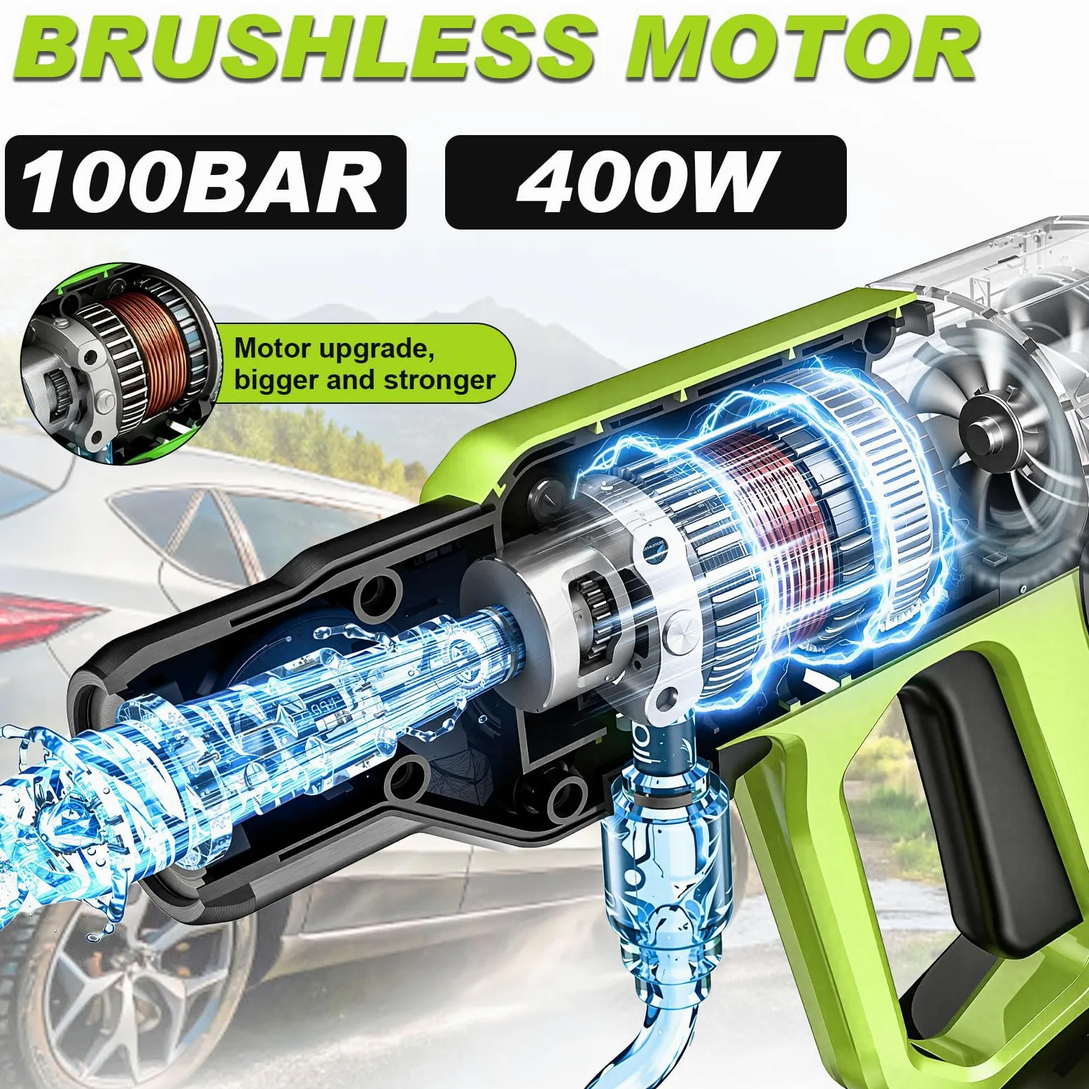 100 Bar Nettoyeur Haute Pression sans Fil avec 2*Batteries 4.0Ah, Moteur sans Balais, Mode 3 Vitesses, Nettoyeur Haute Pression avec Pompe, buse 5 en 1 pivotante à 180°, Tuyau de 5 m