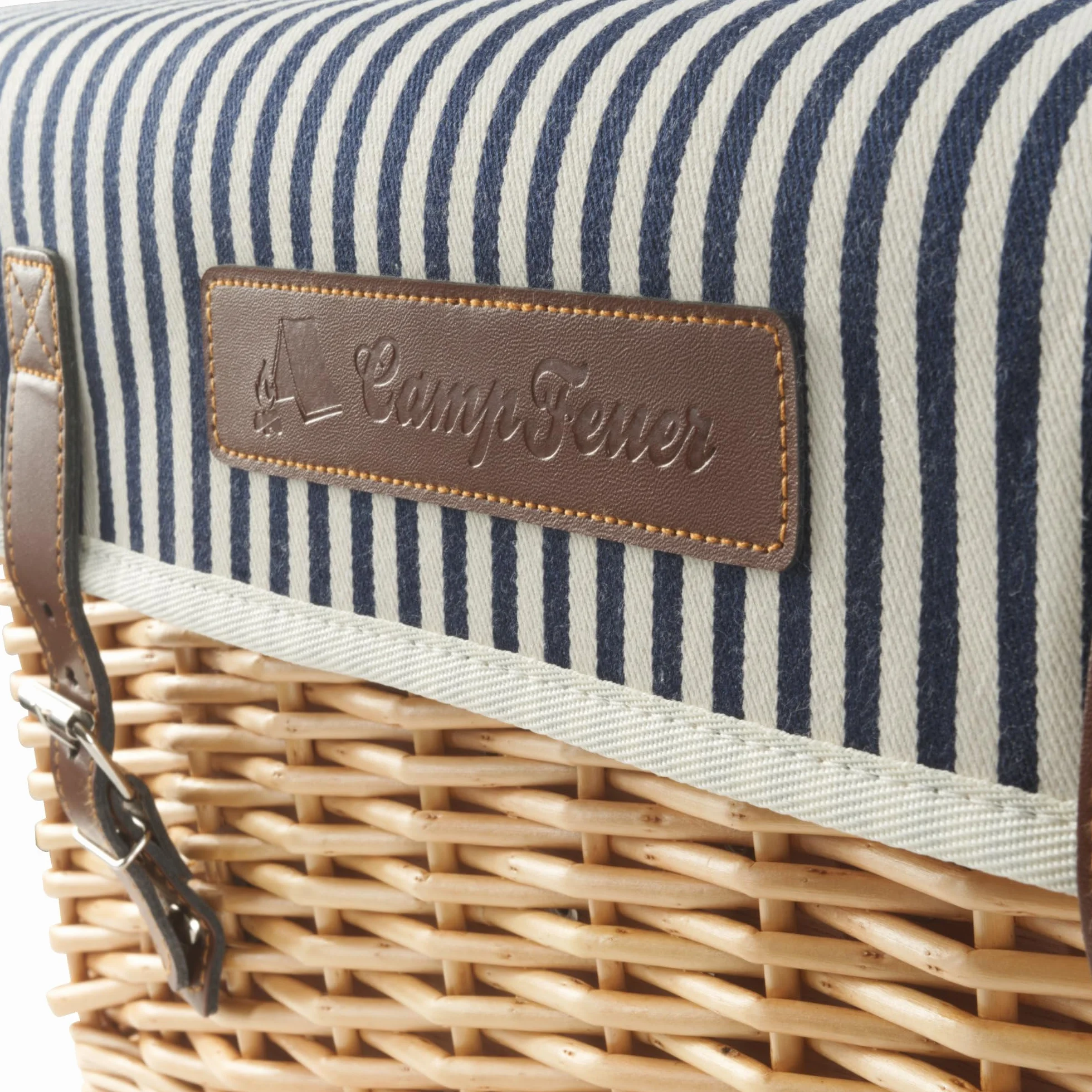 CampFeuer Panier de pique-nique pour 4 personnes avec ensemble de vaisselle et table de service - 25 pièces - Valise de pique-nique avec motif intérieur rayé - Panier en osier avec sangles en cuir