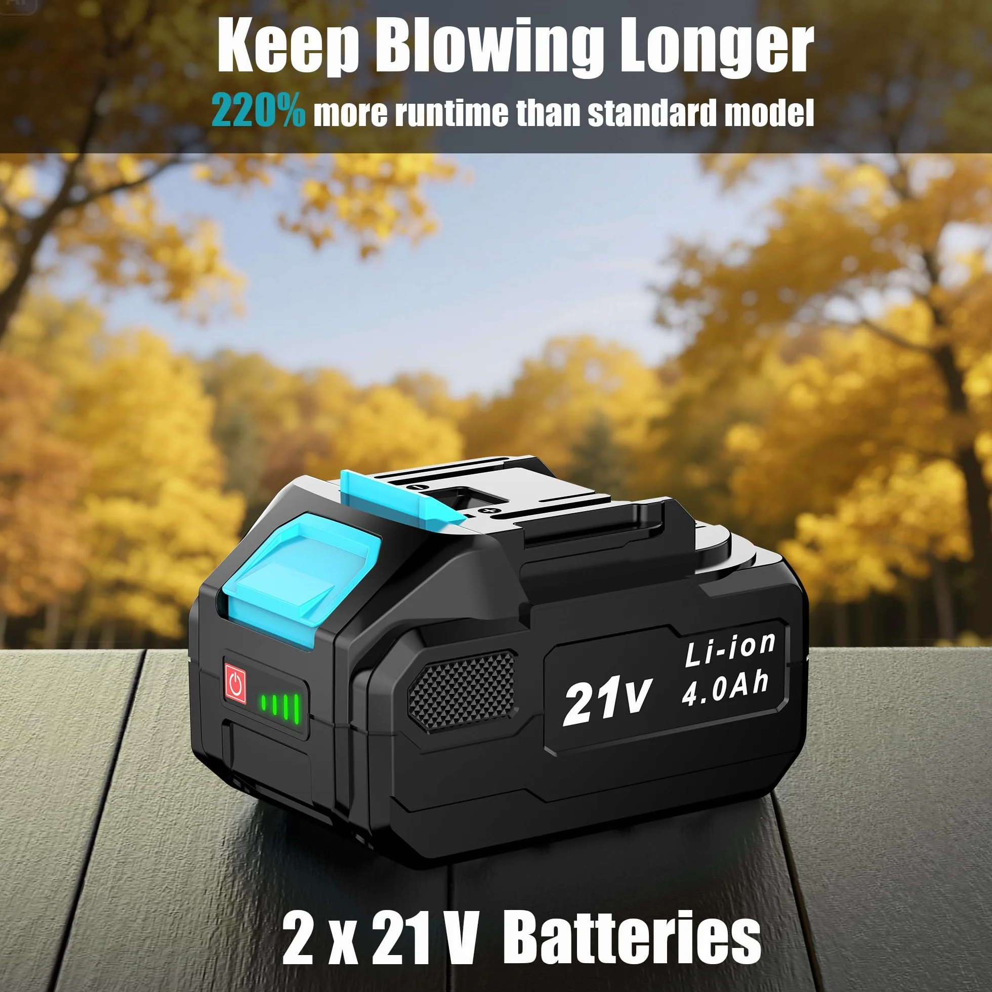 Souffleur Batterie, 21V Souffleur de Feuilles avec 2 Batteries 4,0Ah, 3 Vitesses, 2 Tubes de Soufflage, Sangle Souffleur à Batterie pour Nettoyage de Jardin