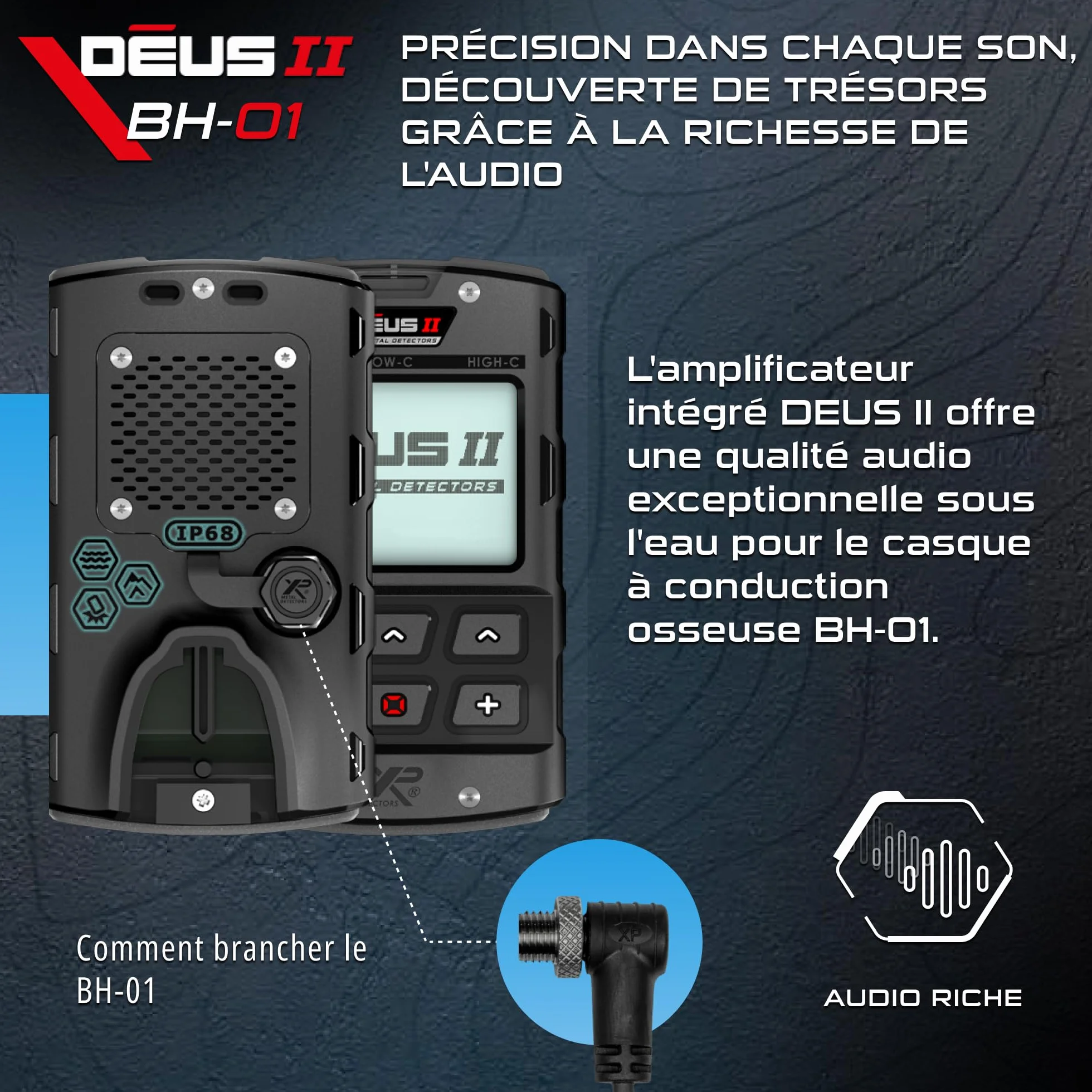 XP METAL DETECTORS BH-01 Casque à Conduction osseuse Filaire IP68 pour Deus II détection métaux sous-marine 20m