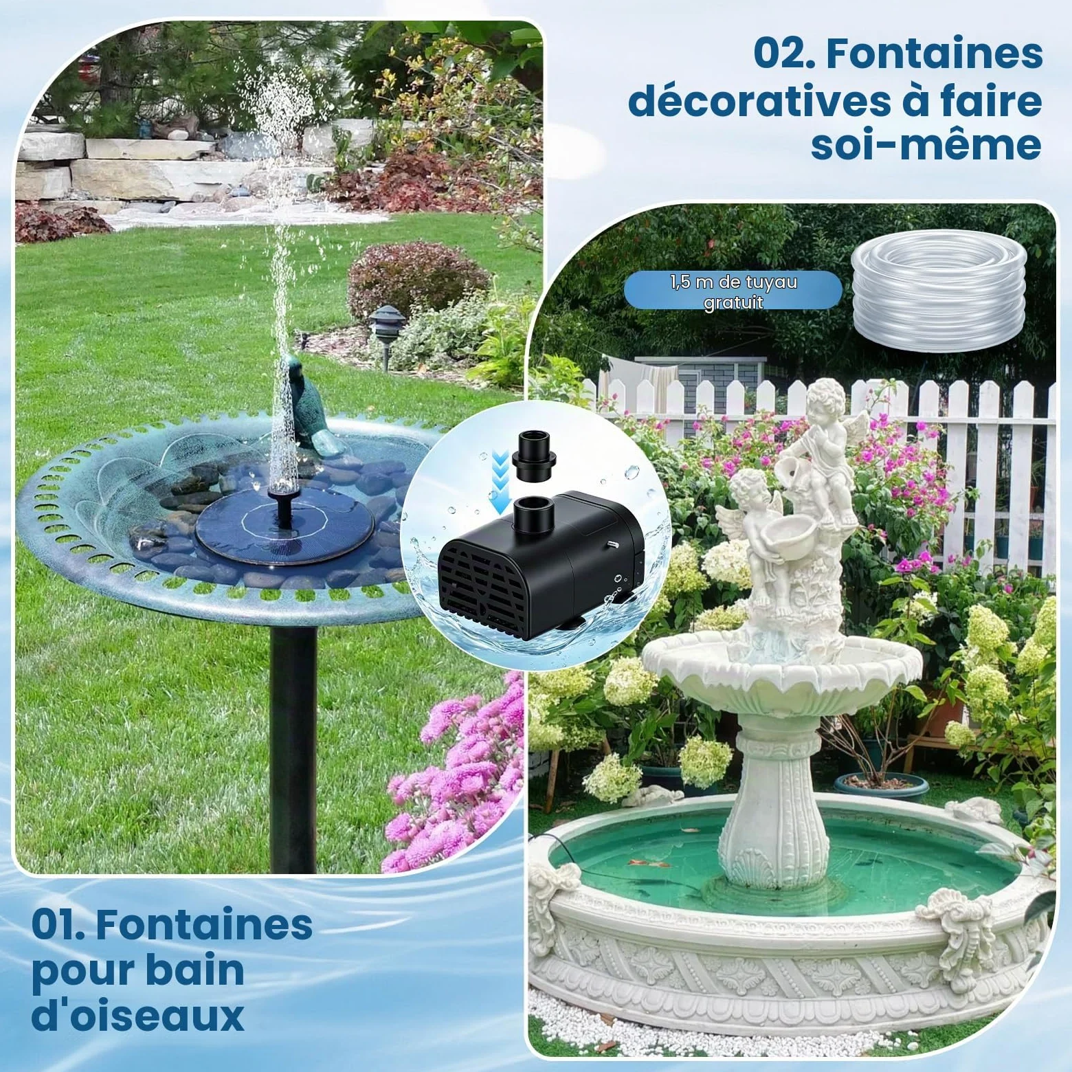 Pompe Solaire Bassin Exterieur 8W,avec 8 Buses,Effet Double Couche | avec Batterie 3600 Mah,Protection Contre Surchauffe,Pompe Solaire pour Bassin,Bain d'oiseaux,Jeu d'eau De Jardin