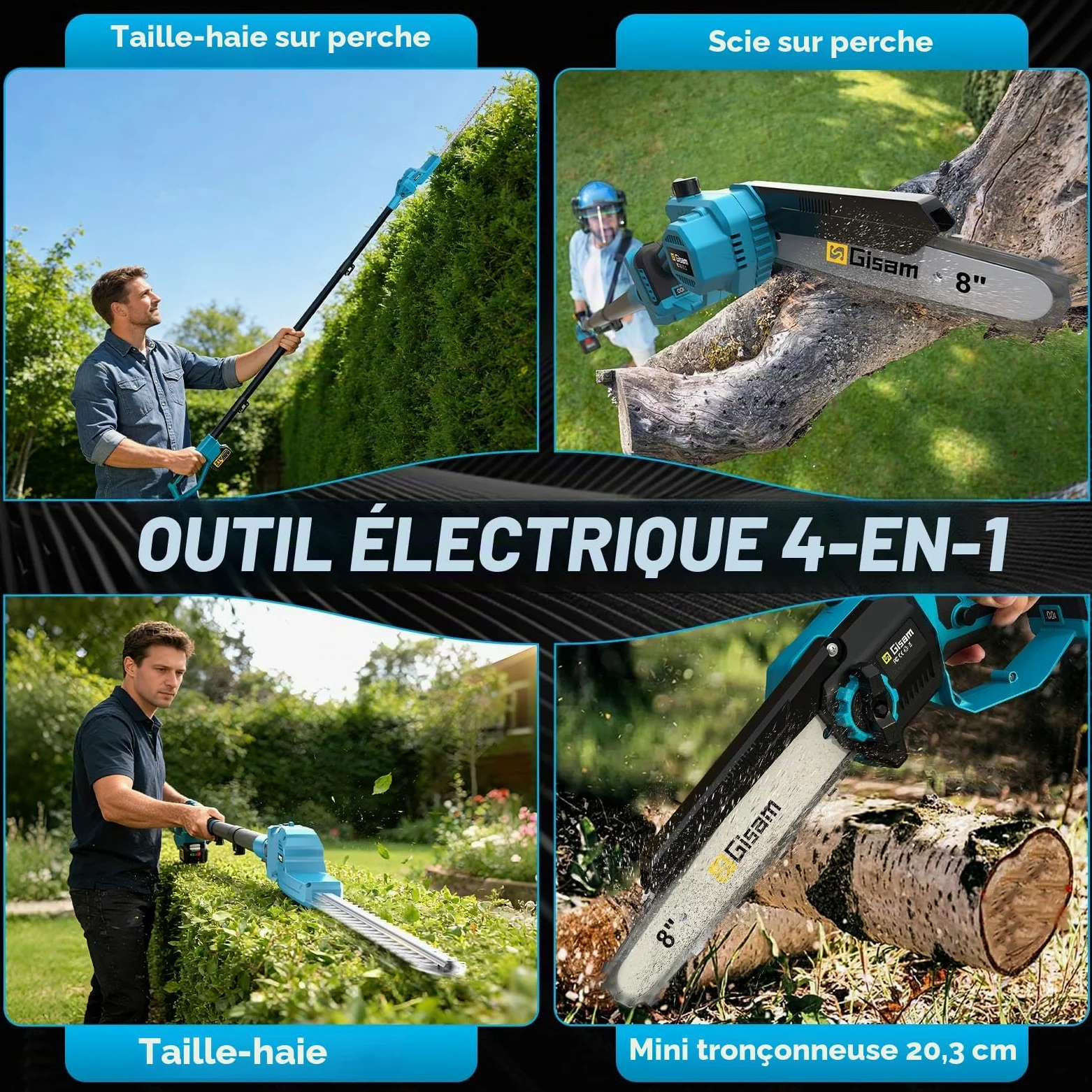TronçOnneuse 8 Pouces Et Taille-Haie Sans Fil, Ensemble D'Outils De Jardinage 4-En-1, Avec 2 Batteries De 4,0 Ah, Rallonge Jusqu'à 4,2 M, Moteur Sans Balais, Taille-Haie éLectrique, Scie à Branches