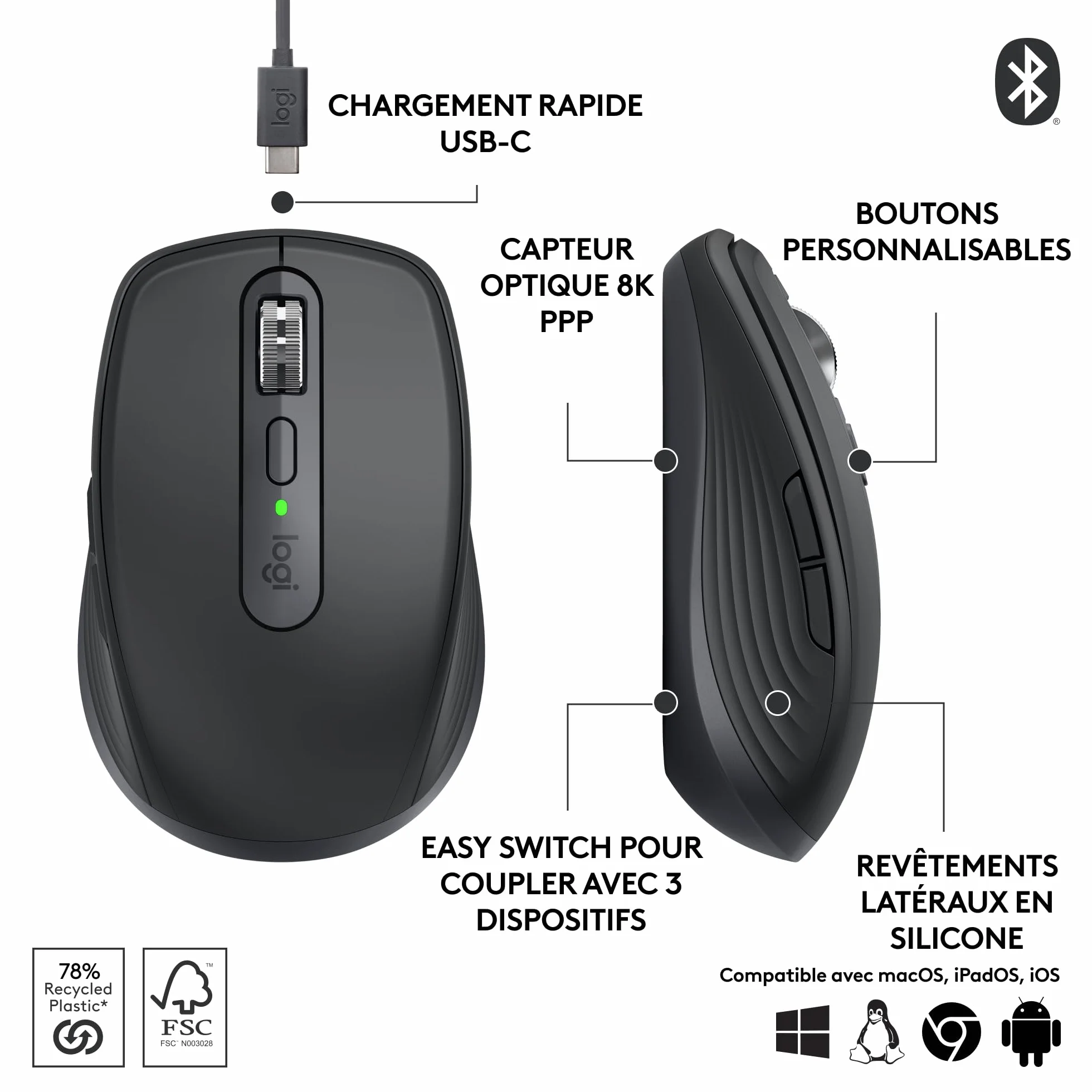 Logitech MX Anywhere 3S Souris Sans Fil Silencieuse, 8K DPI, USB-C, Bluetooth, Graphite