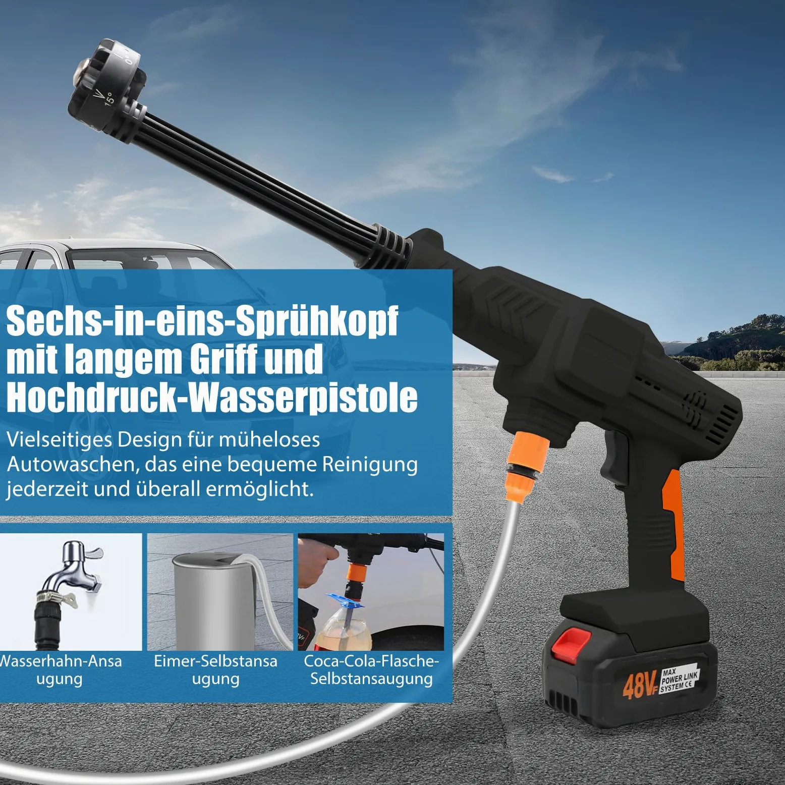 Nettoyeur haute pression sans fil, max 120 bar, 2 batteries Li-ion, pistolet de nettoyeur haute pression portable, avec tuyau de 5 m, buse rotative 6 en 1 et 180°, pulvérisateur à mousse, etc