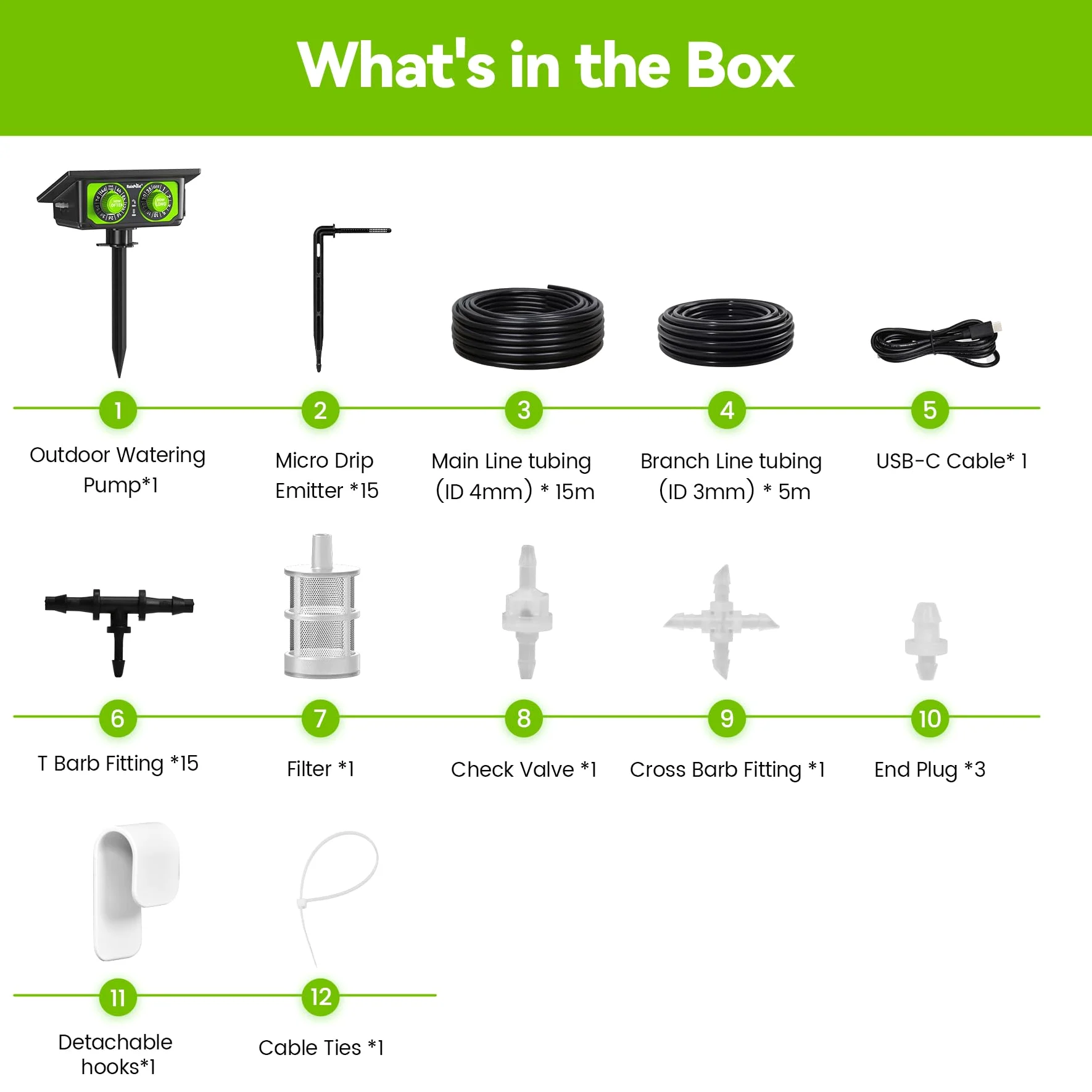 RAINPOINT Kit D'arrosage Goutte à Goutte Solaire, nouveau tuyau pour une distribution d'eau uniforme, kit d'irrigation automatique pour balcons avec 90 modes de minuterie + tuyau de 15 m, anti-siphon
