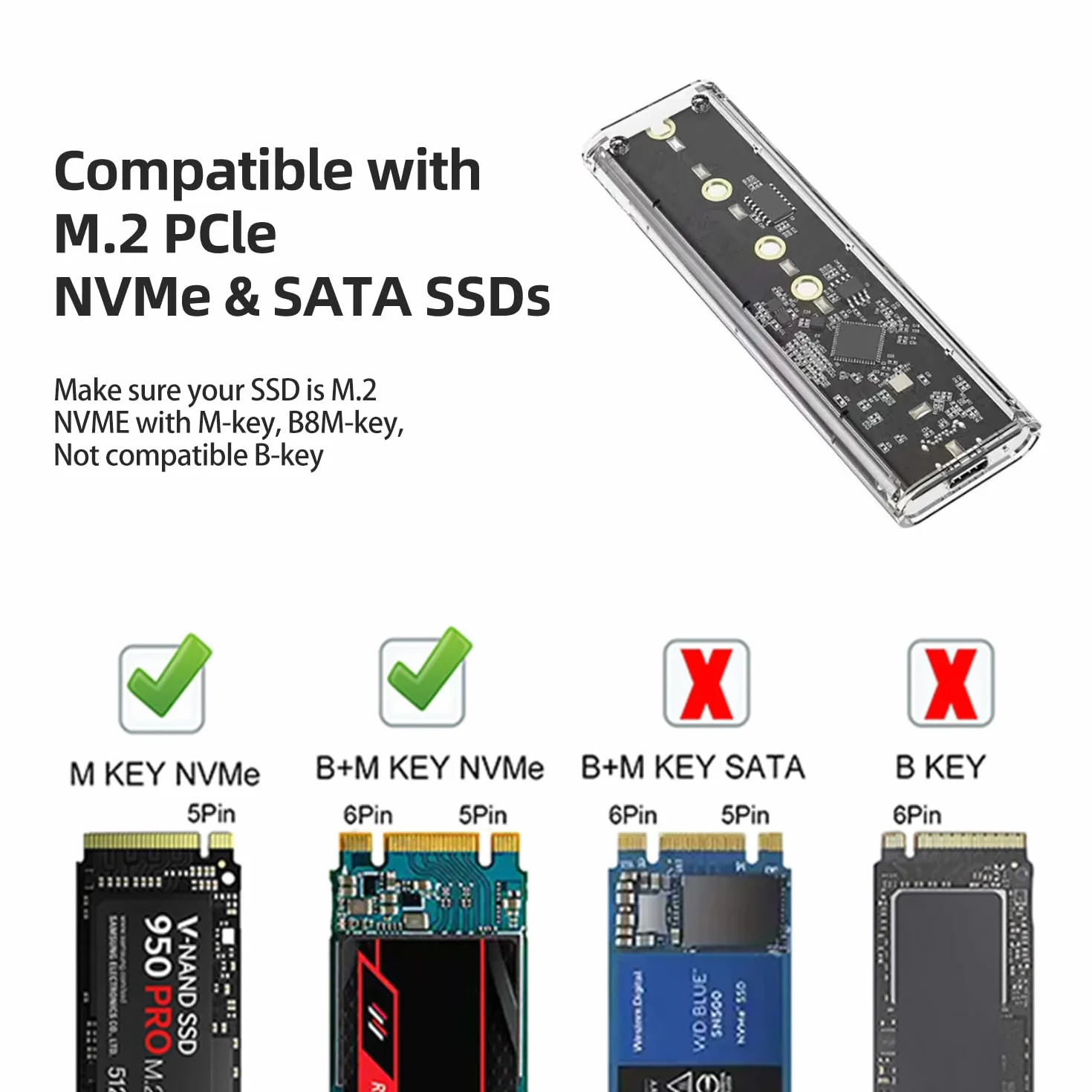 Boîtier SSD M.2 NVMe Adaptateur USB 3.1 Gen2 pour PCIe NVMe M-Key 2230/2242/2260/2280