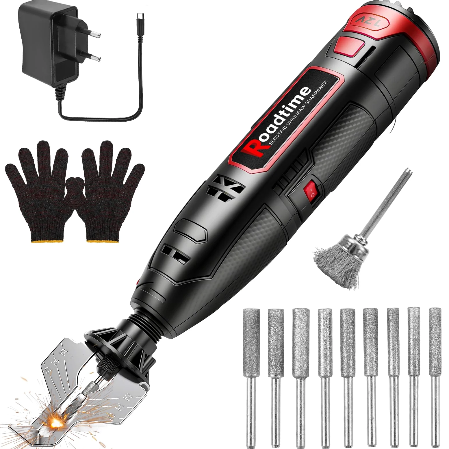 Kit affûtage électrique pour tronçonneuse avec batterie 1300 mAh | Affûteur de tronçonneuse sans fil, 9 têtes, tête brosse alliage, guide d'angle, Mini meuleuse électrique portable