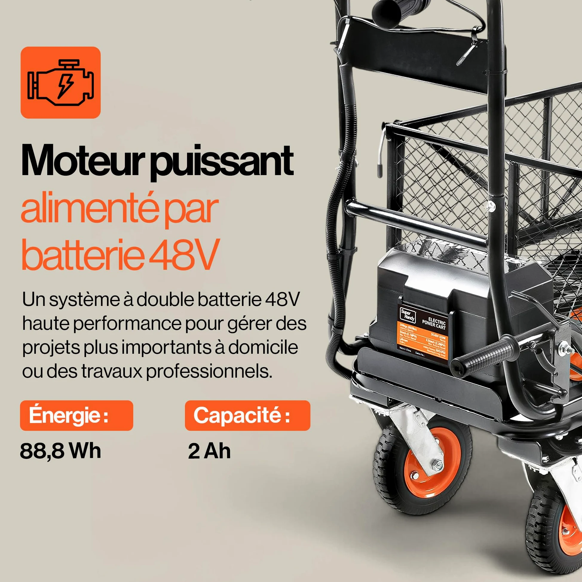 SuperHandy Chariot Utilitaire électrique, 48 V Li-ION, Charge 300 kg | Traction max. 460 kg; 2 batteries Li-ion amovibles incluses, idéal pour ferme, jardin et travaux de manutention