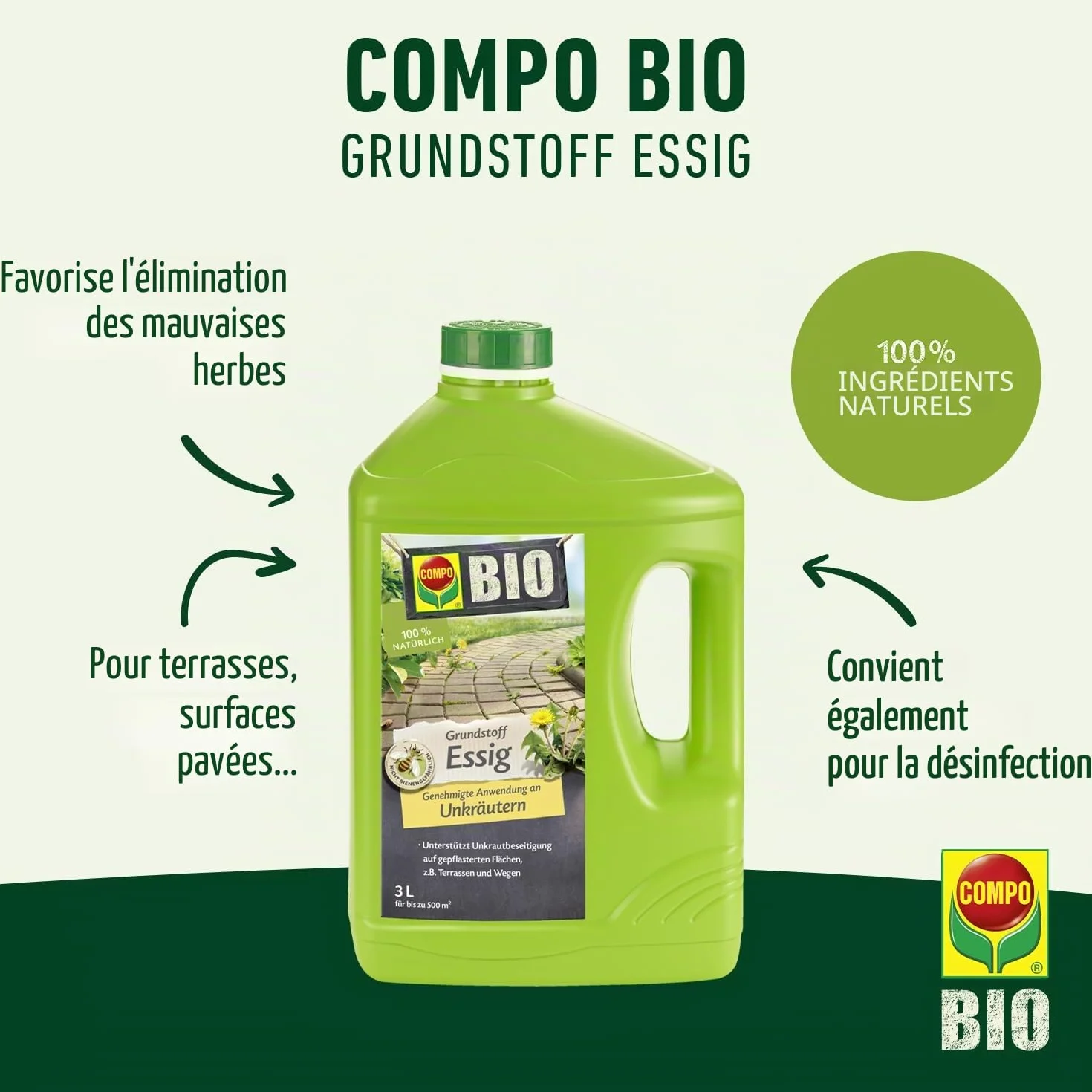 COMPO Vinaigre bio 3 l pour 500 m² éliminer mauvaises herbes