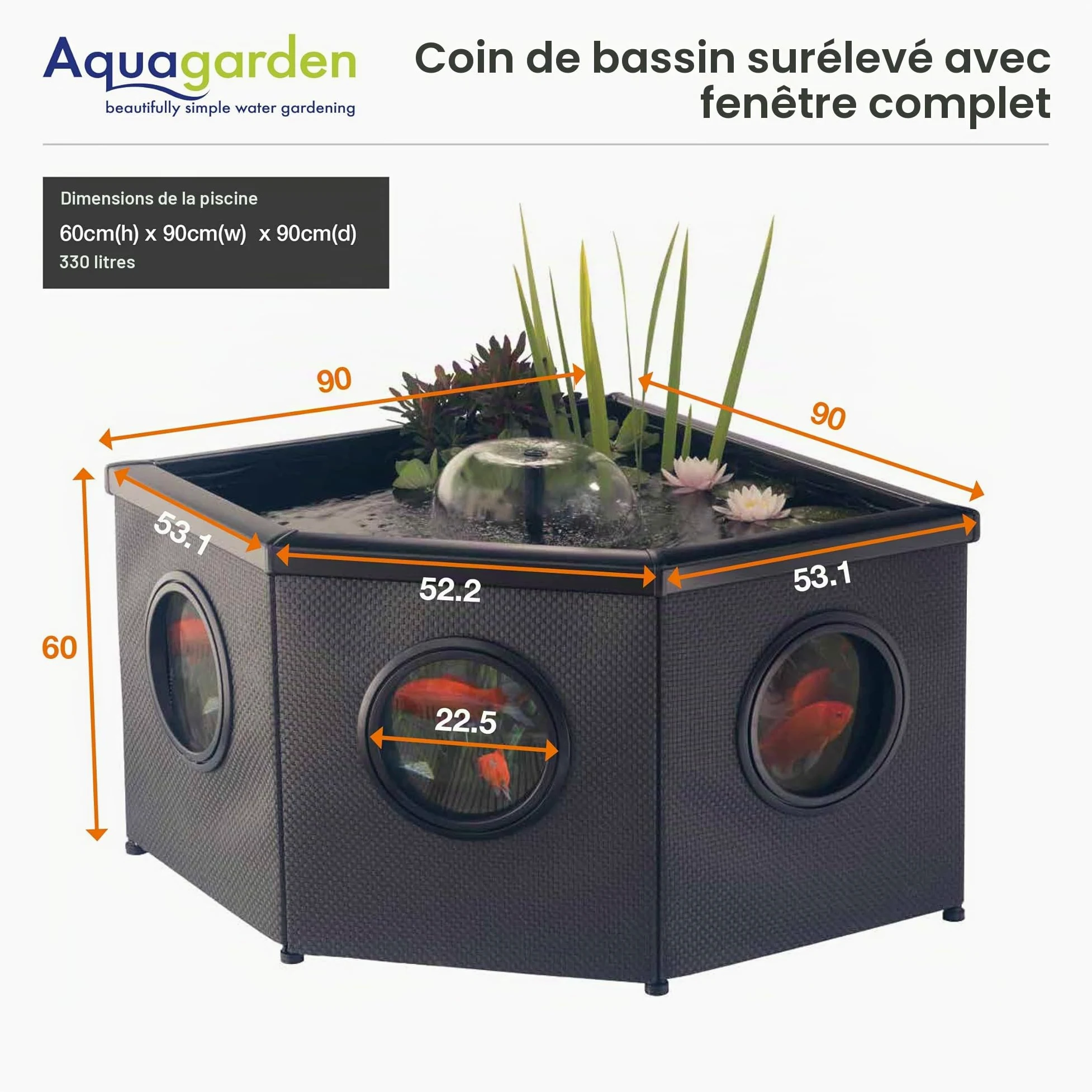 Aquagarden Affinity Pond, Kit de Bassin surélevé vitré - Bassin d'angle, Bassin décoratif, Comprend Le Bassin et Pompe à Eau Inpond 5 en 1 3000 avec clarificateur UV, Trois fontaines