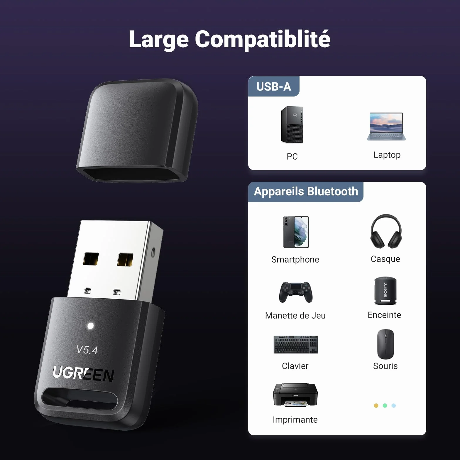 UGREEN Dongle Bluetooth 5.4 Clé USB PC Adaptateur Faible Latence pour Clavier Souris Casque Manette de Jeu Enceinte Écouteurs Plug Play Windows 11 10 8.1