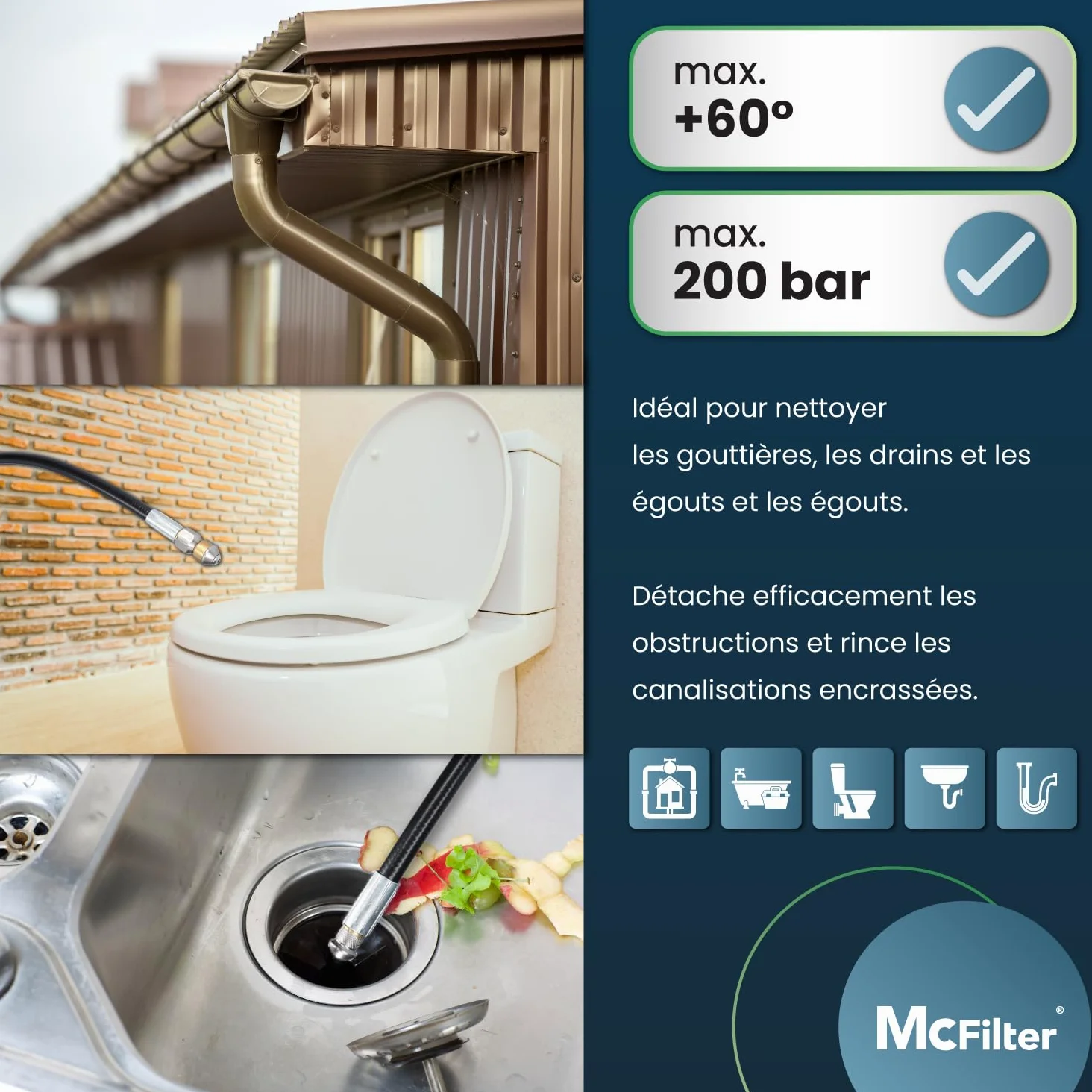 McFilter I Kit universel de tuyaux de nettoyage, 30m, 200 bar, sacoche avec adaptateur incluse, buses fixes + rotatives, compatible avec les nettoyeurs haute pression Kärcher K2 K3 K4 K5 K6 K7