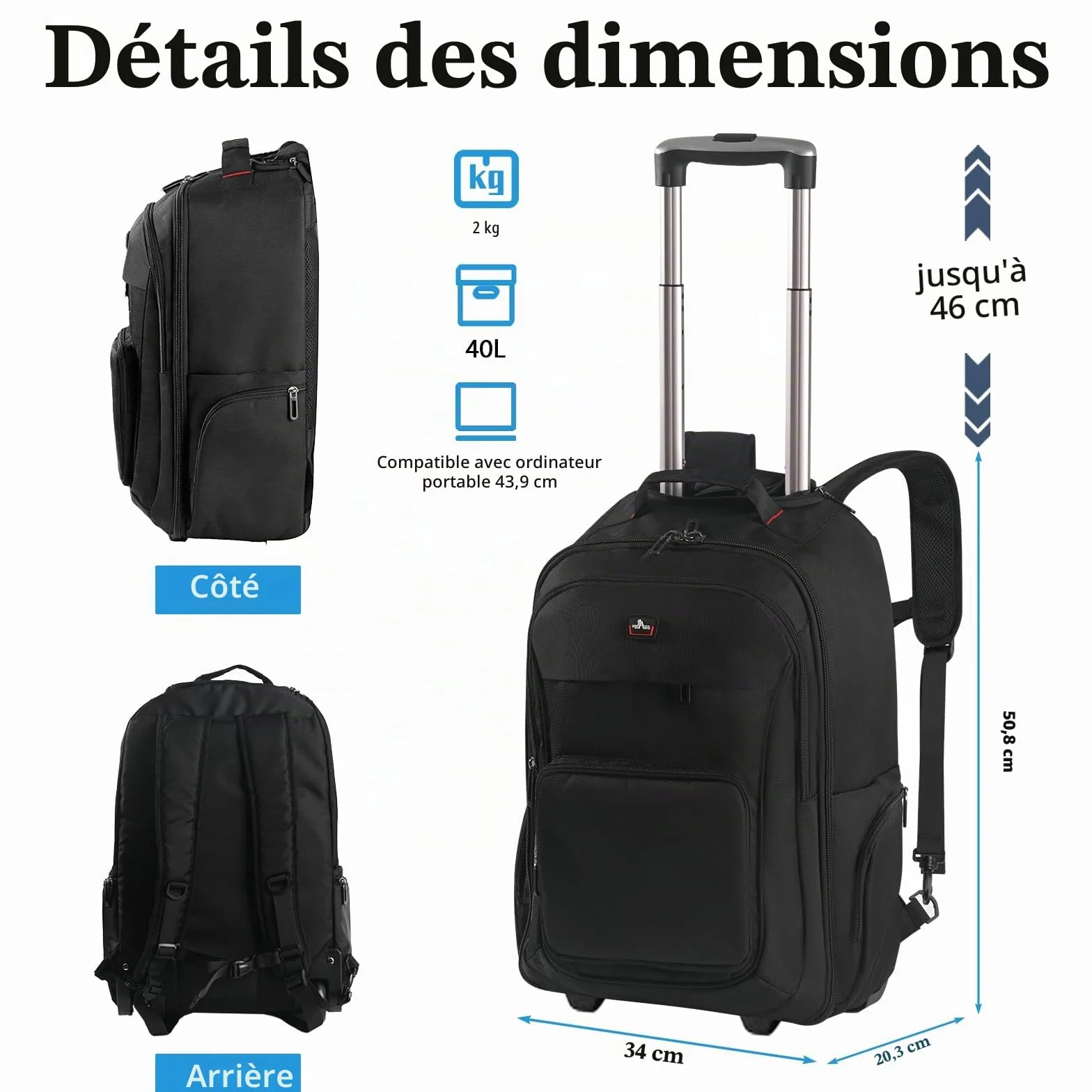 Sac à Dos à Roulettes 17,3 Pouces Bagage à Main Ordinateur Portable Noir Voyage