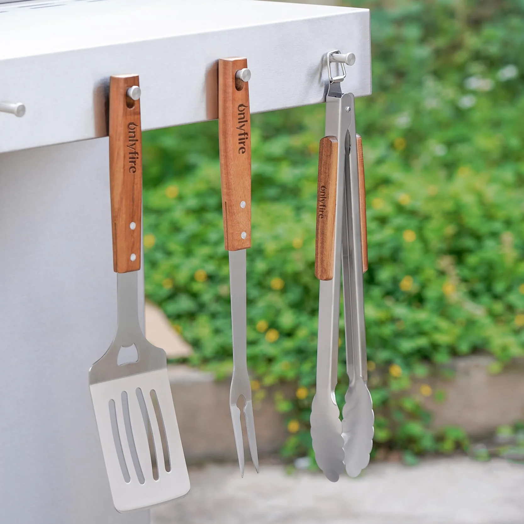 Onlyfire Set d'ustensiles de Barbecue 5 Pièces Acier Inoxydable Pince Spatule Fourchette Gants