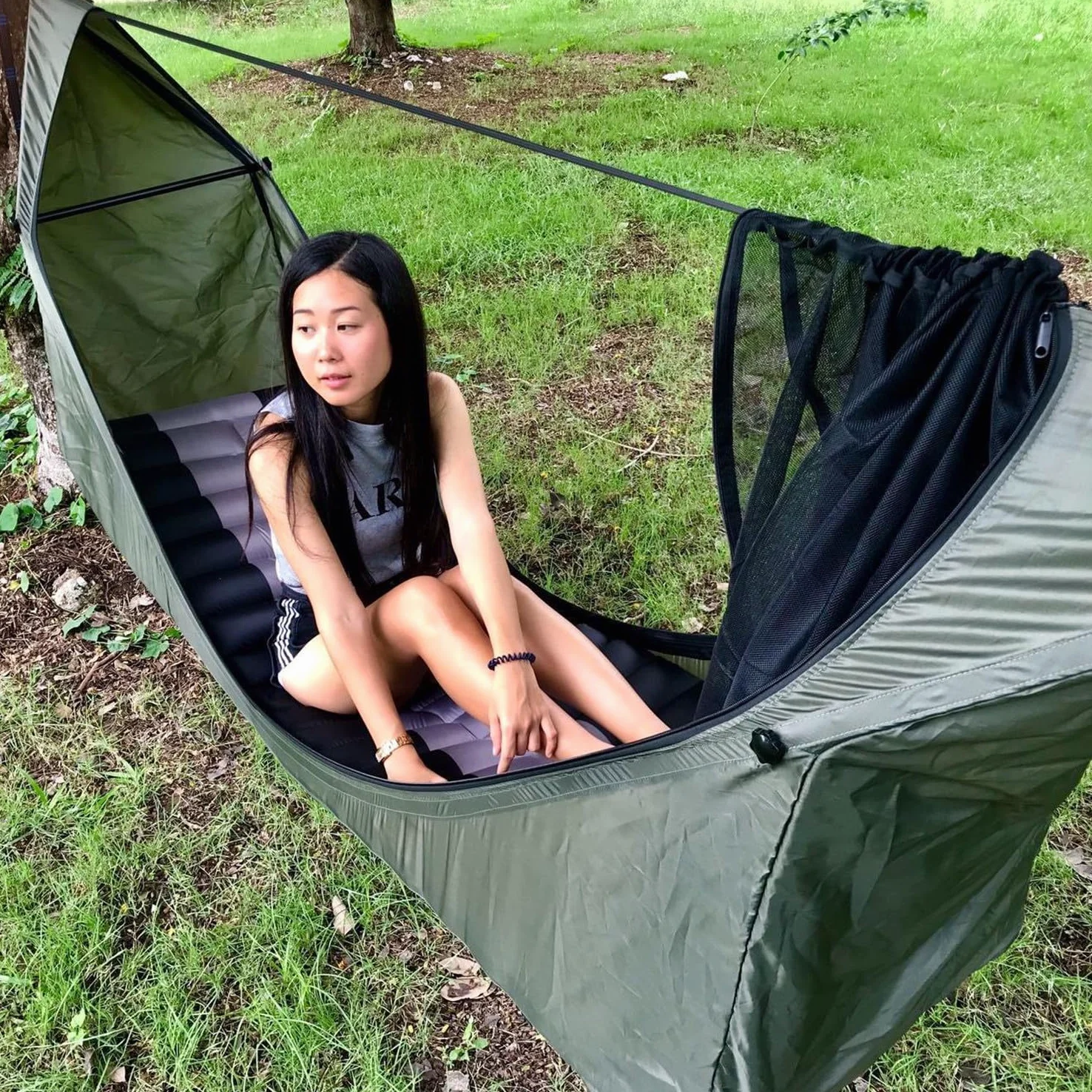 TFixol Hamac de camping gonflable pour lit simple, léger, portable, balançoire, pour la maison, le camping, la randonnée, les voyages, la randonnée - Vert moustique
