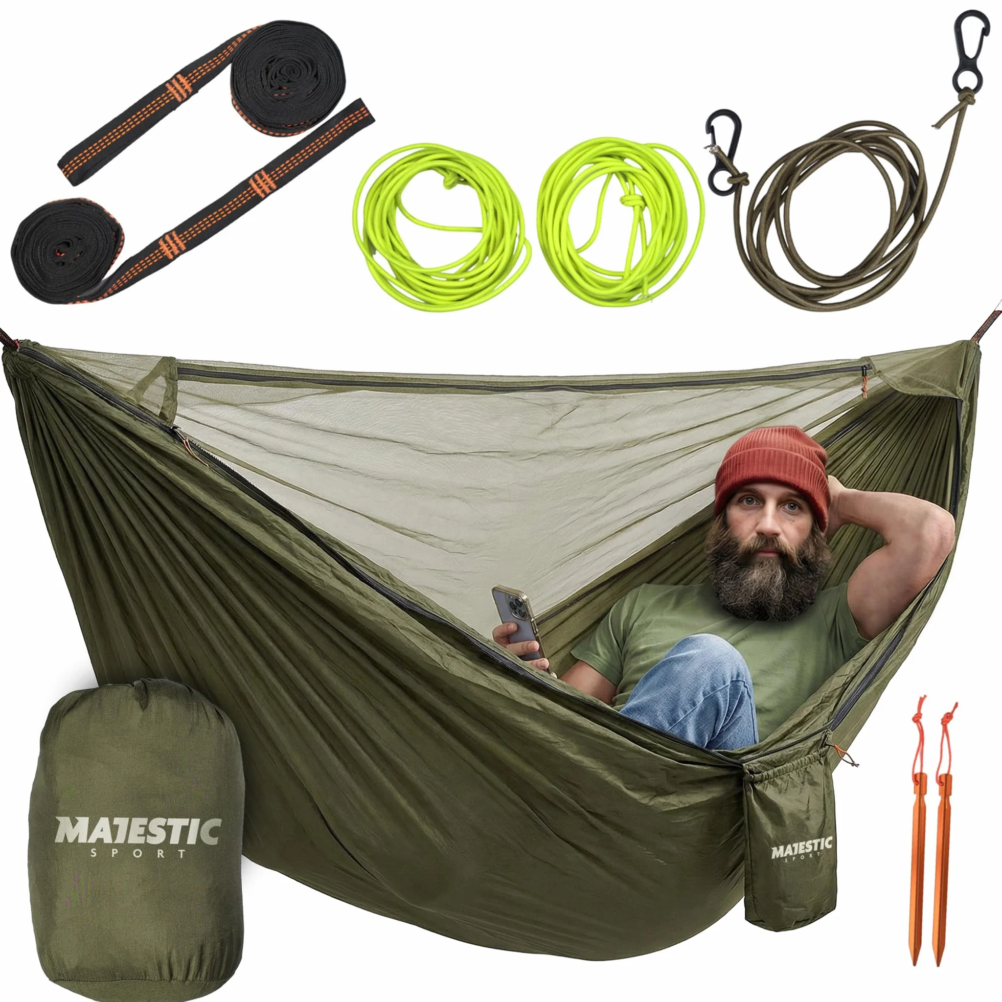 Hedera Hamac avec moustiquaire léger portable pour les excursions en montagne dans la forêt Montage facile Camping Plage Hamac extérieur 330 x 150 cm 300 kg Vert