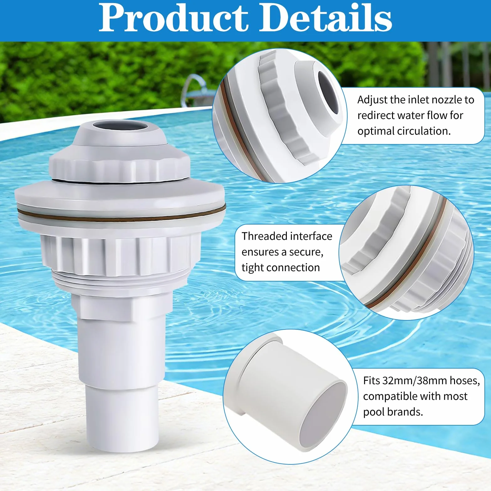 Buse d'entrée pour Piscine Réglable, Buse de Refoulement avec Tête Pivotante 32 mm 38 mm