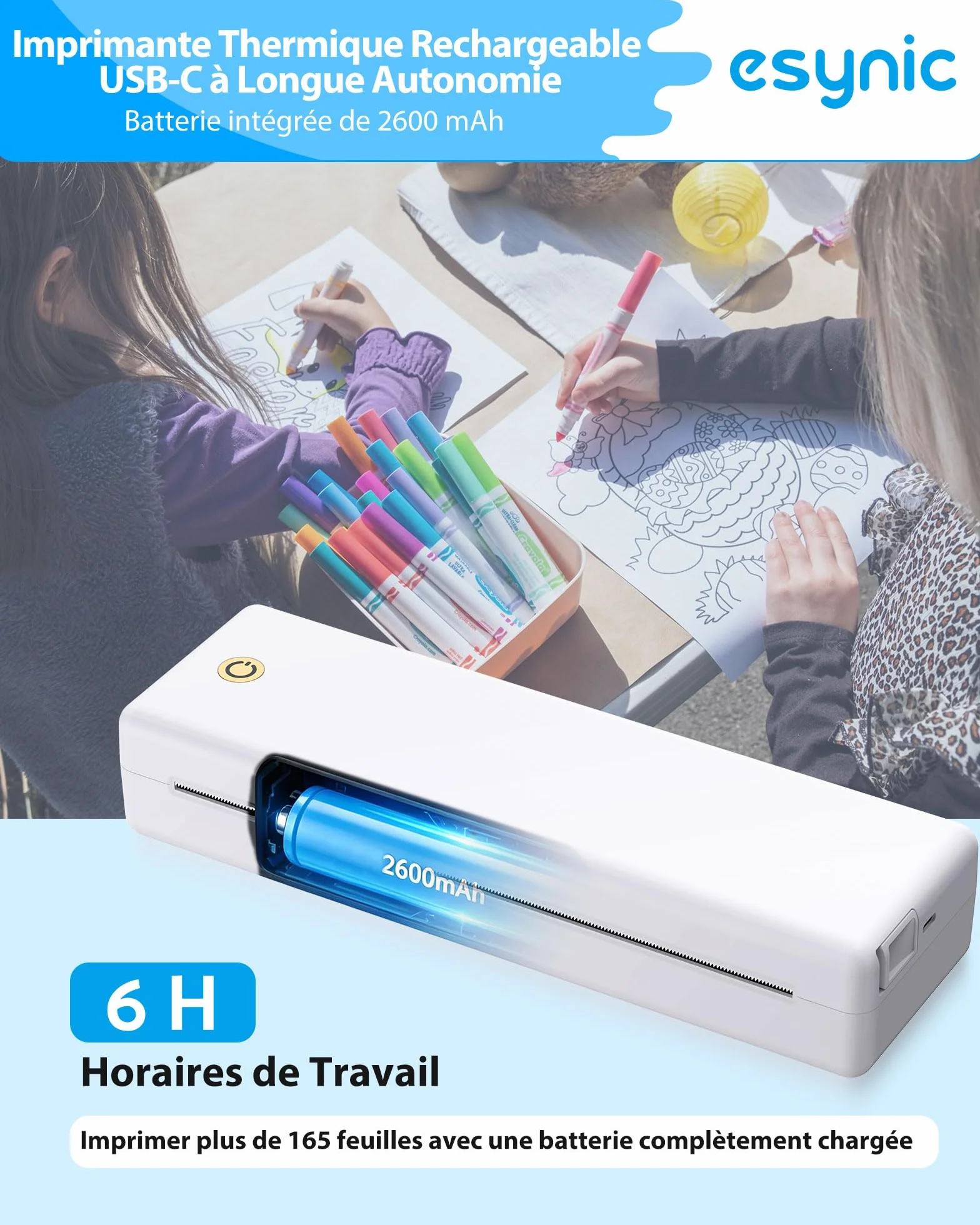 eSynic Imprimante Thermique Portable A4 Bluetooth USB Compatible iOS Android Windows MacOS
