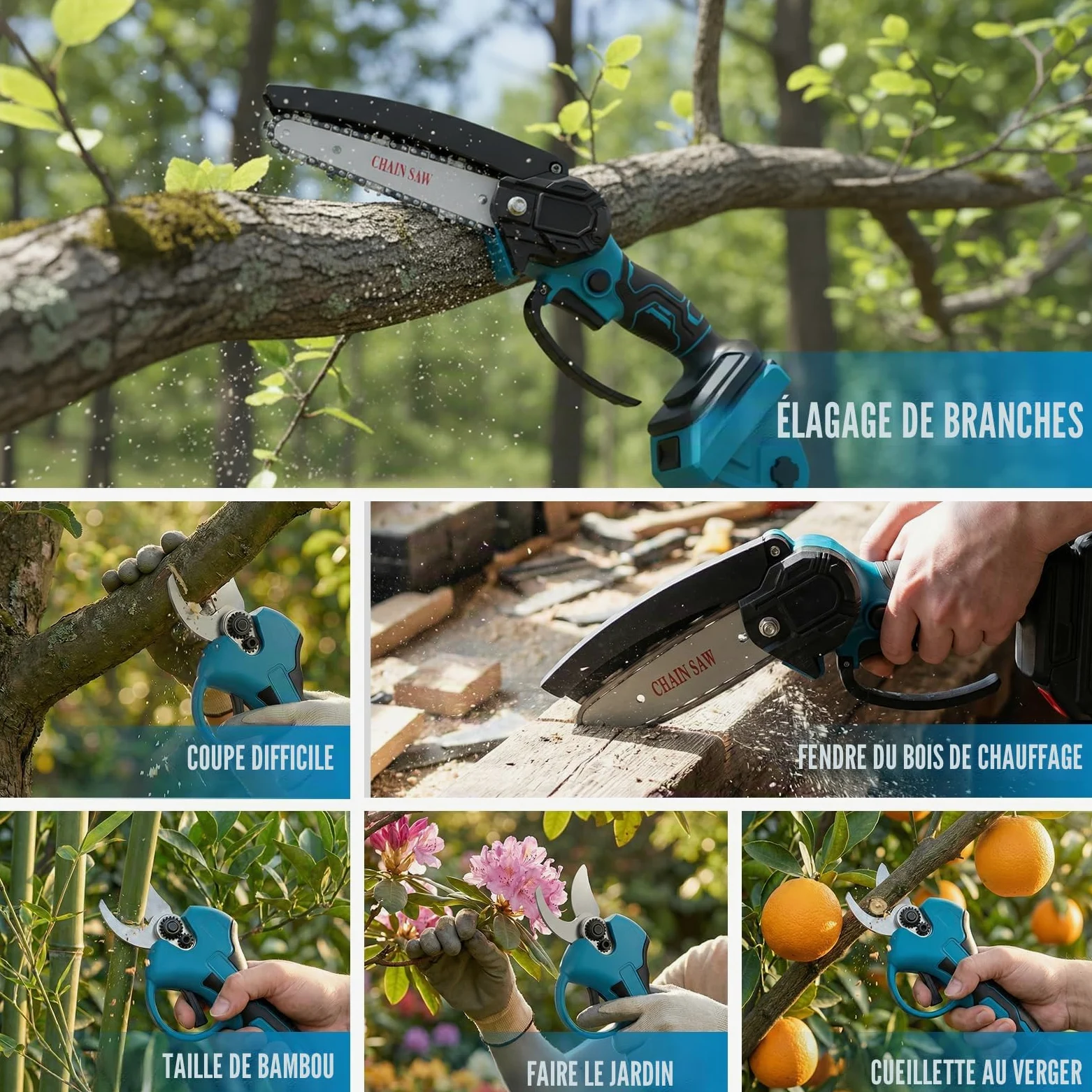 4 en 1 Élagueuse sur Perche sans Fil, 6'' Tronçonneuse Électrique Sans Fil, Secateur Electrique avec Perche Réglable de 1,32 à 2,3 m, avec 2 Batteries et Chargeur pour l'élagage et le Jardinage