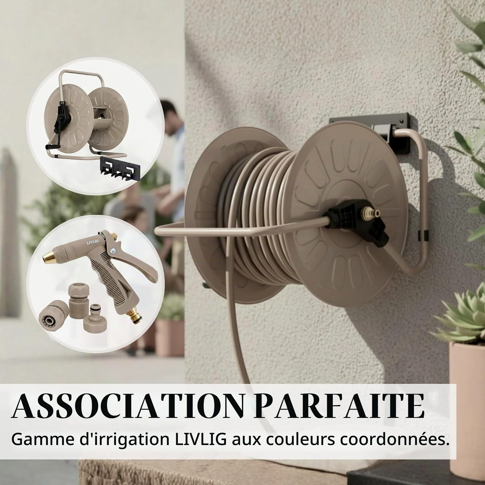 LIVLIG Tuyau d'Arrosage 30m Design – Tuyau Arrosage Flexible, 60% Recyclé, UV Résistant, Anti-Torsion, 1/2 Pouce, Beige