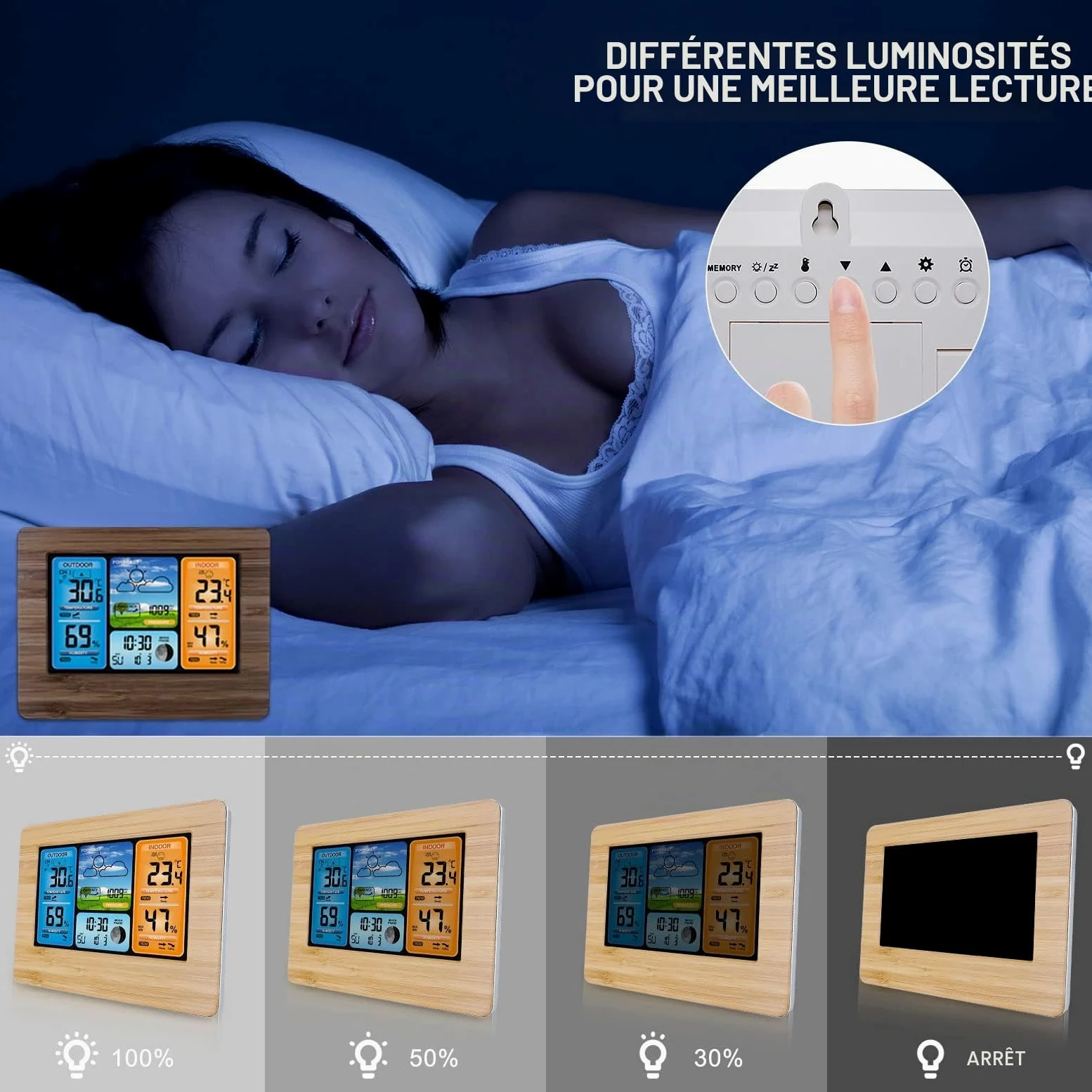 Station Météo sans Fil Station Météo à Prévision Numérique des Couleurs avec Alerte et Température/Humidité/Baromètre/Alarme/Horloge Lunaire/Météo avec Capteur Extérieur, Jaune
