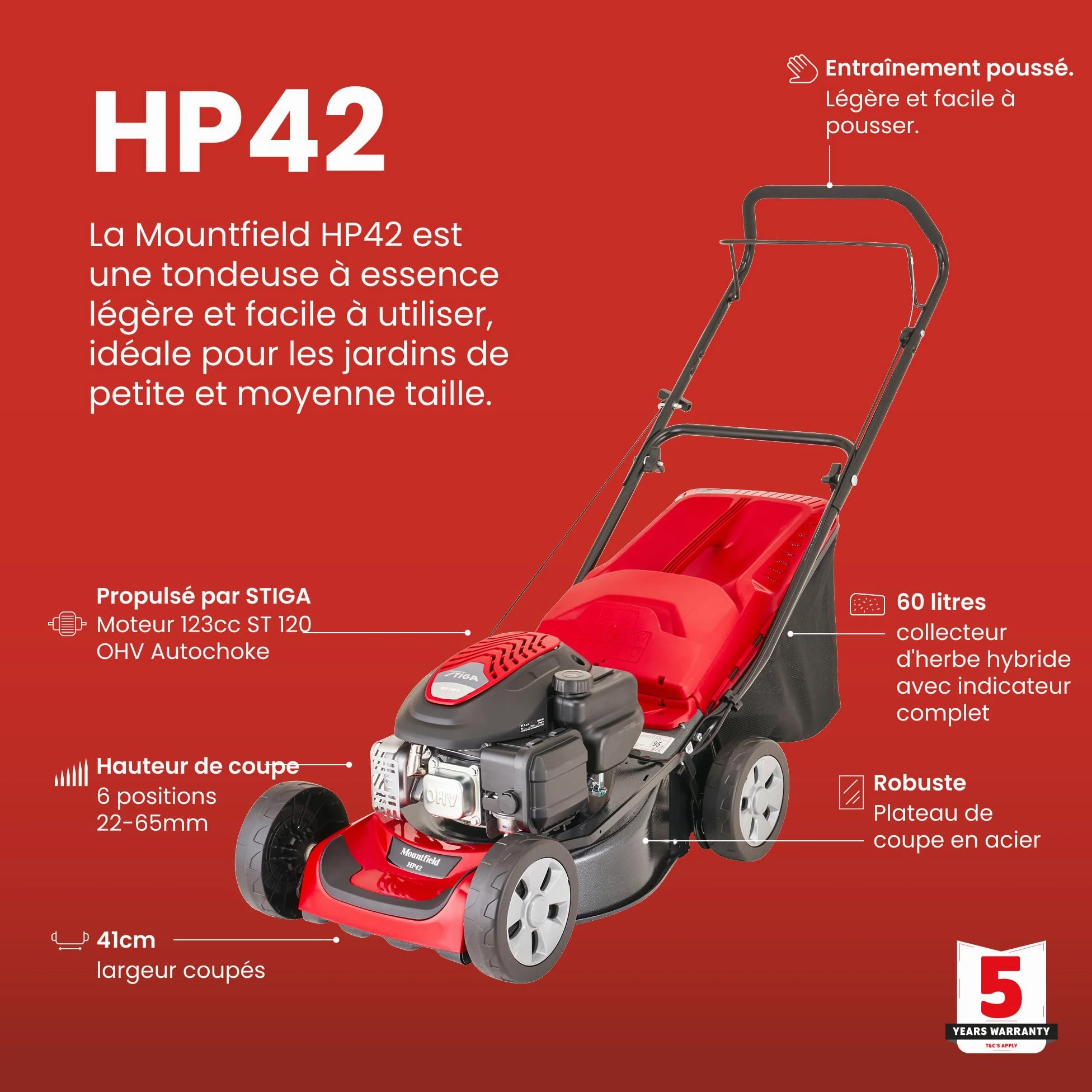 Mountfield Tondeuse HP42, 41 cm – Essence 123 cm³, Bac 60 l – Poignées Pliables, Réglage 6 Positions – Pelouses Jusqu'À 300 m²